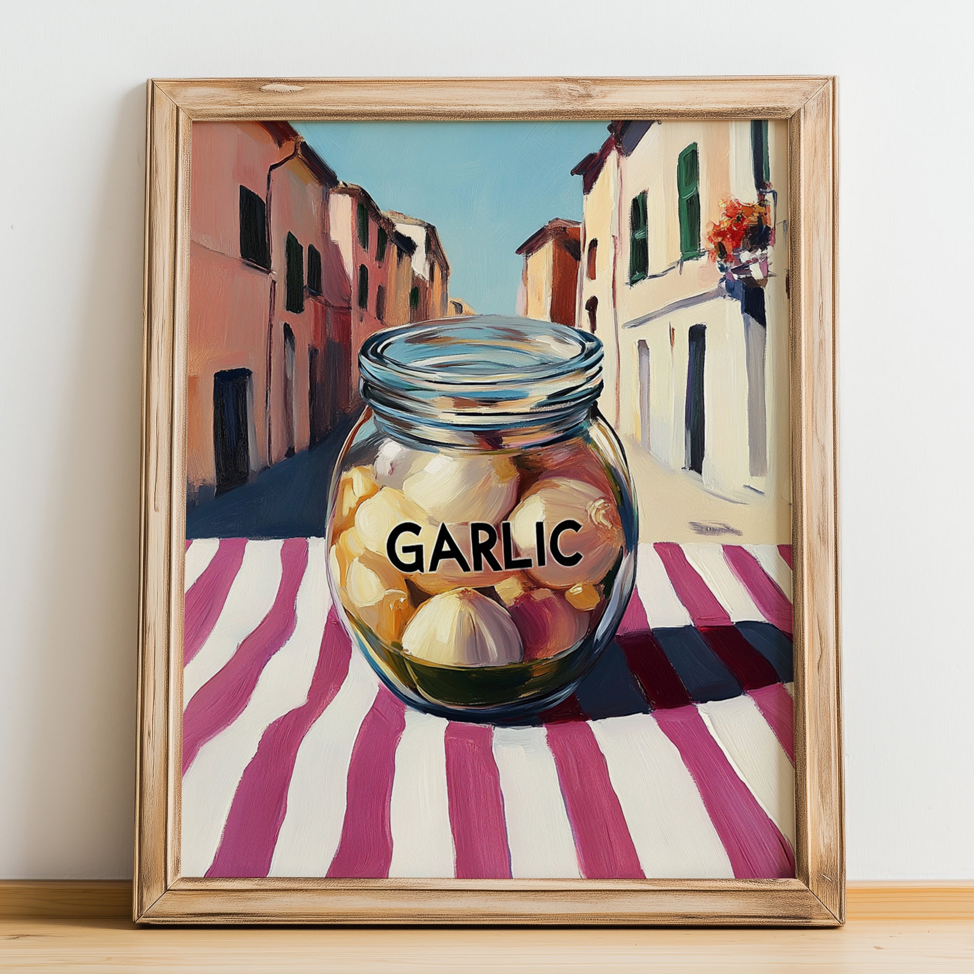 Pickled Garlic – Italian Urban Café Scene, Canned Vegetables Wall Decor, no-text version framed in wood