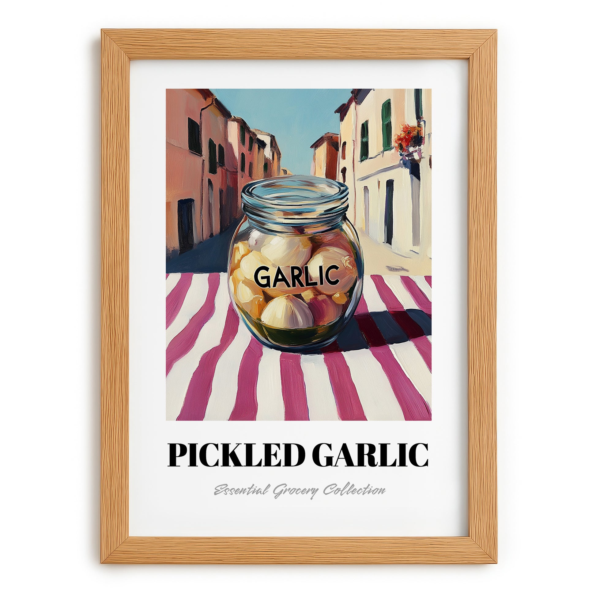 Pickled Garlic – Italian Urban Café Scene, Canned Vegetables Wall Decor, set in oak frame