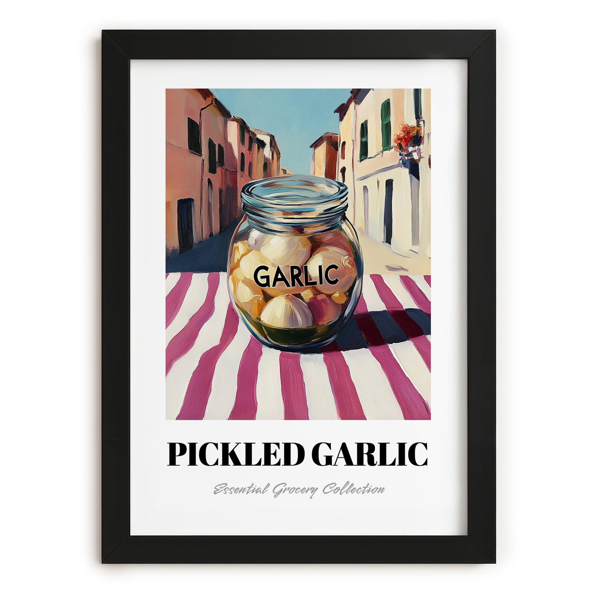 Pickled Garlic – Italian Urban Café Scene, Canned Vegetables Wall Decor, in sleek black frame