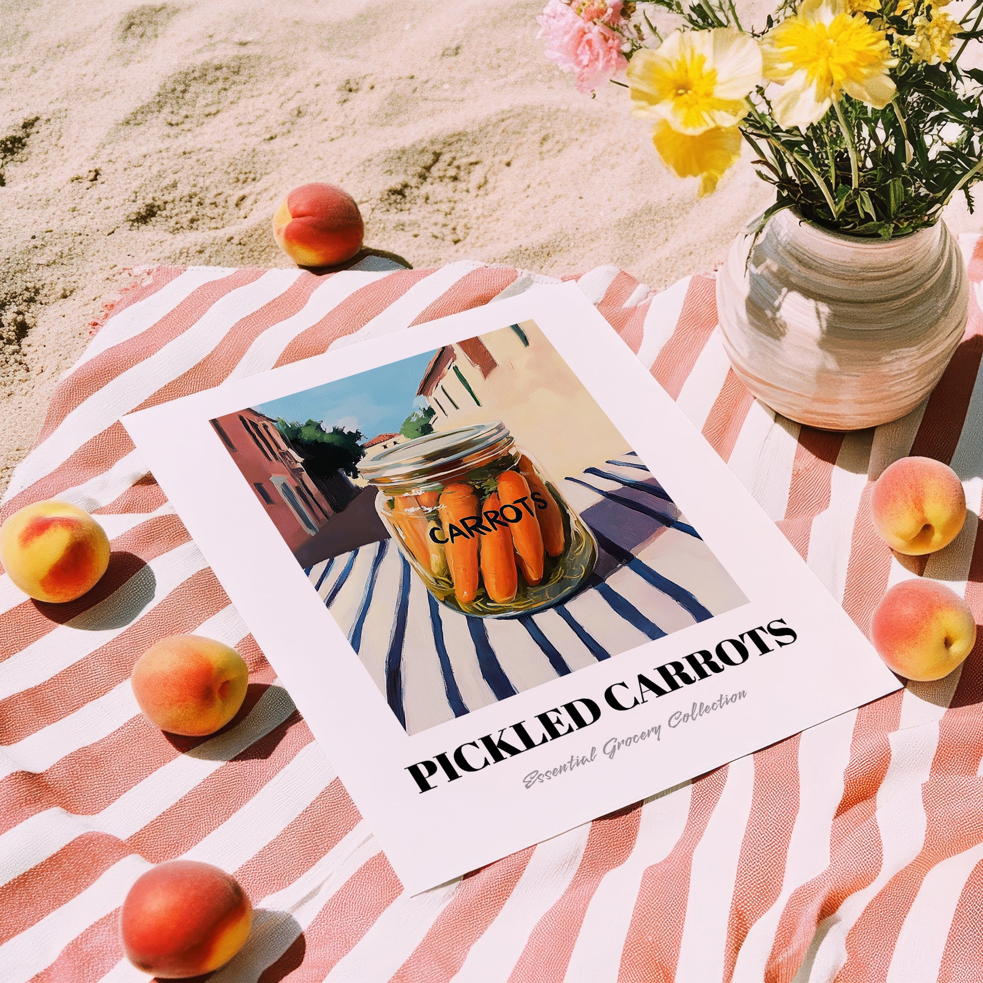 Pickled Carrots – Italian Urban Café Scene, Canned Vegetables Still Life, unframed on coastal sand