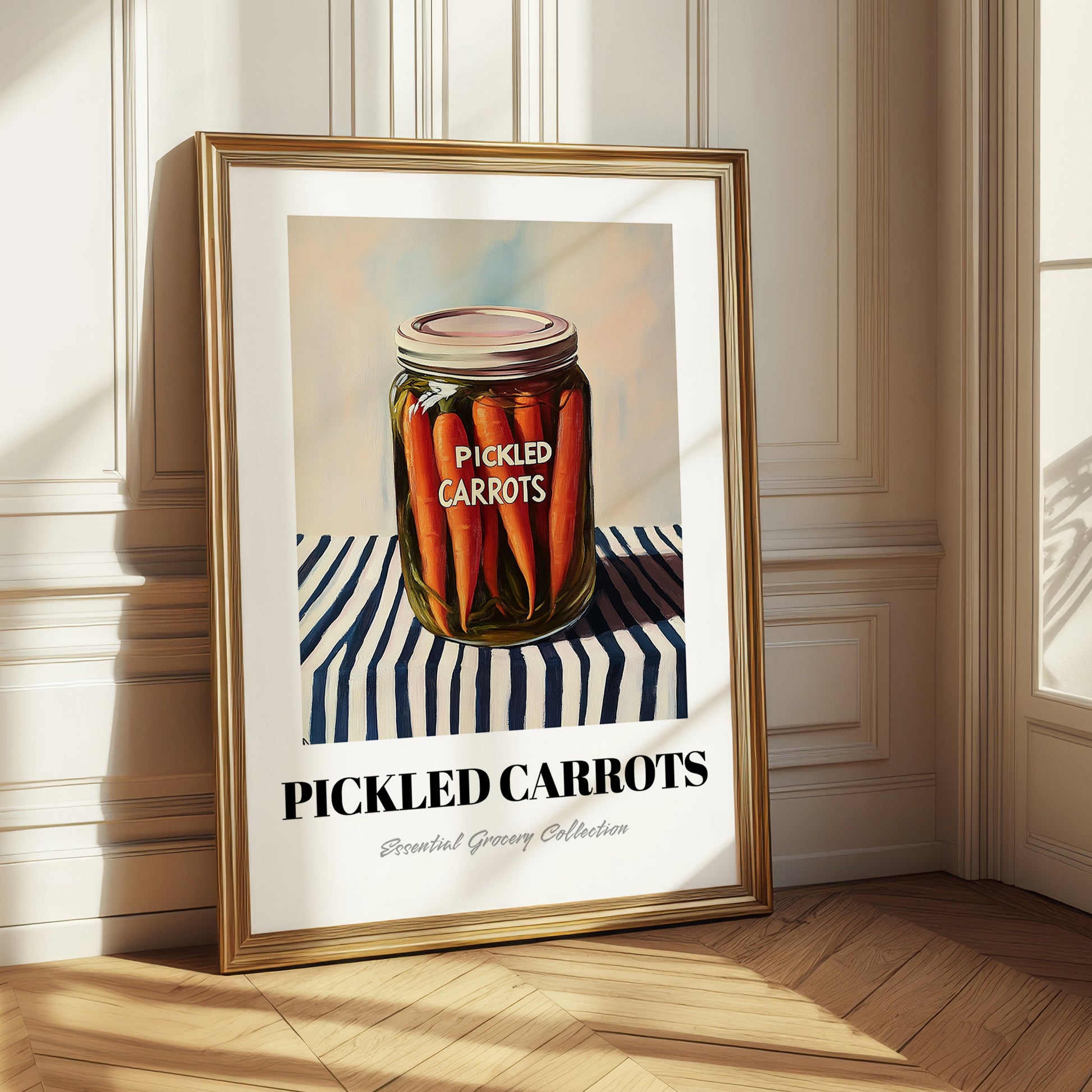 Pickled Carrots – on Striped Tablecloth, Canned Vegetables Wall Decor