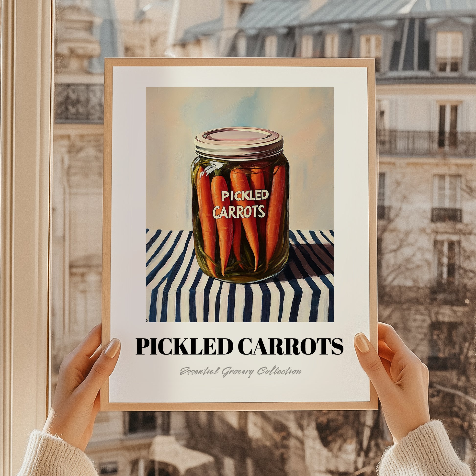 Pickled Carrots – on Striped Tablecloth, Canned Vegetables Wall Decor, styled in a charming Paris street view