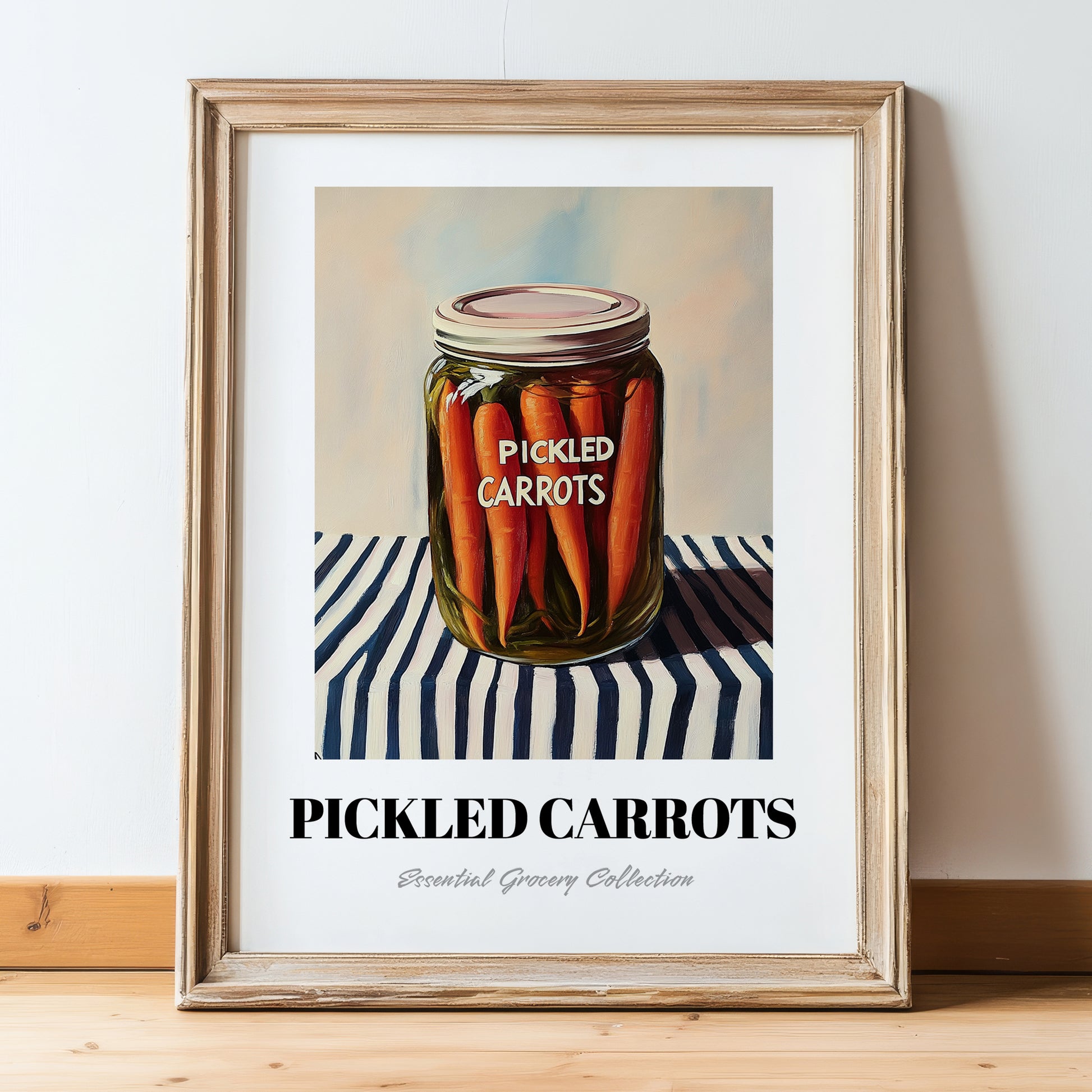 Pickled Carrots – on Striped Tablecloth, Canned Vegetables Wall Decor, in wooden frame leaning on the floor