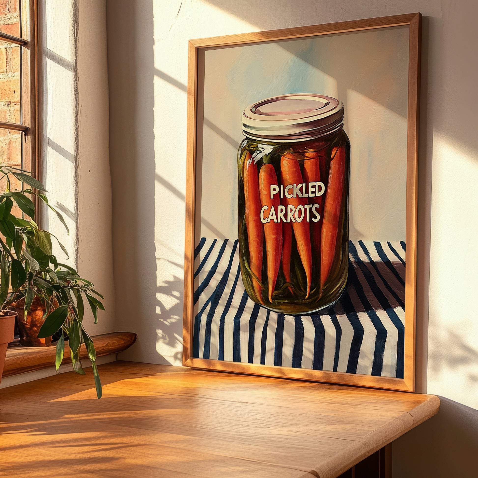 Pickled Carrots – on Striped Tablecloth, Canned Vegetables Wall Decor, clean layout with no caption