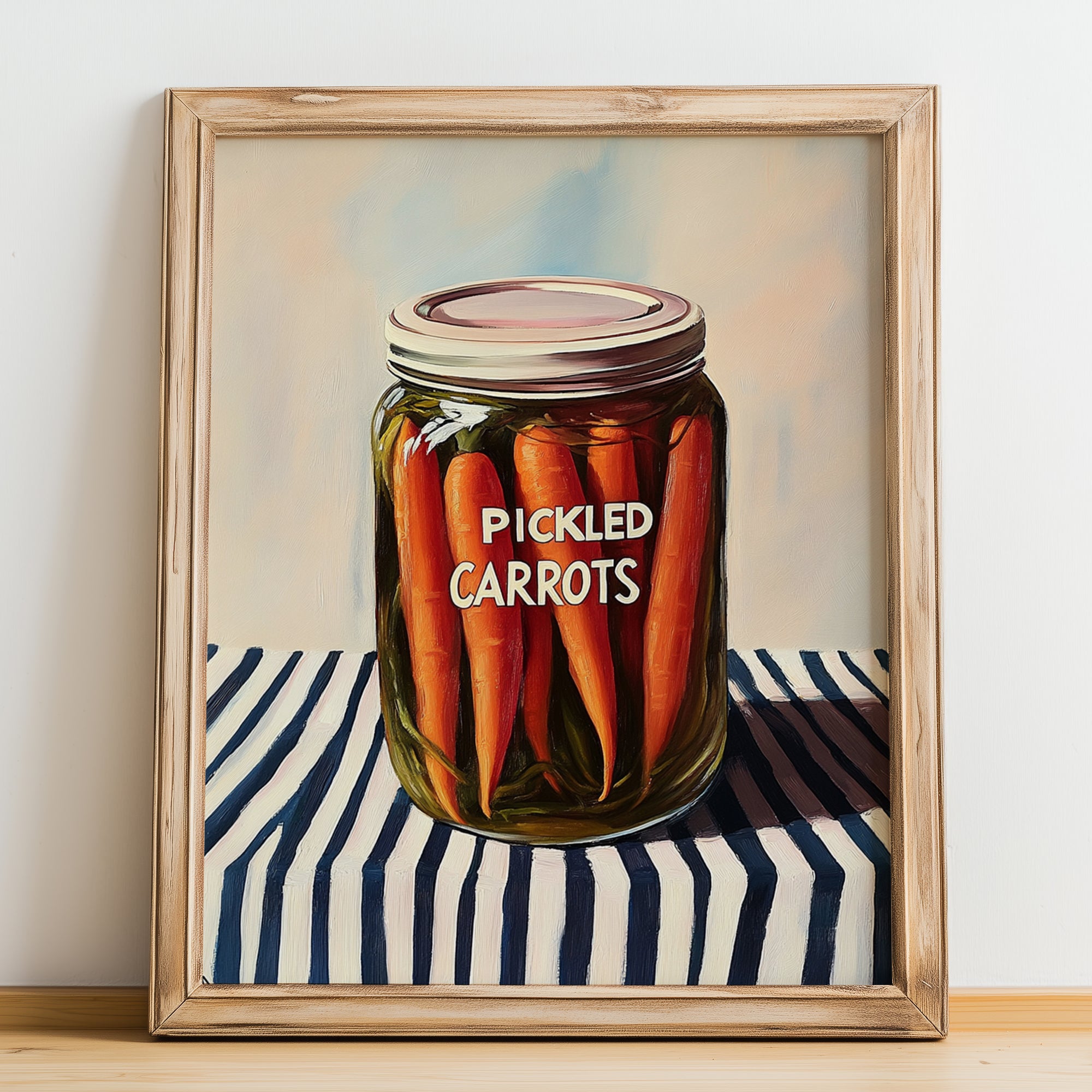 Pickled Carrots – on Striped Tablecloth, Canned Vegetables Wall Decor, no-text version framed in wood