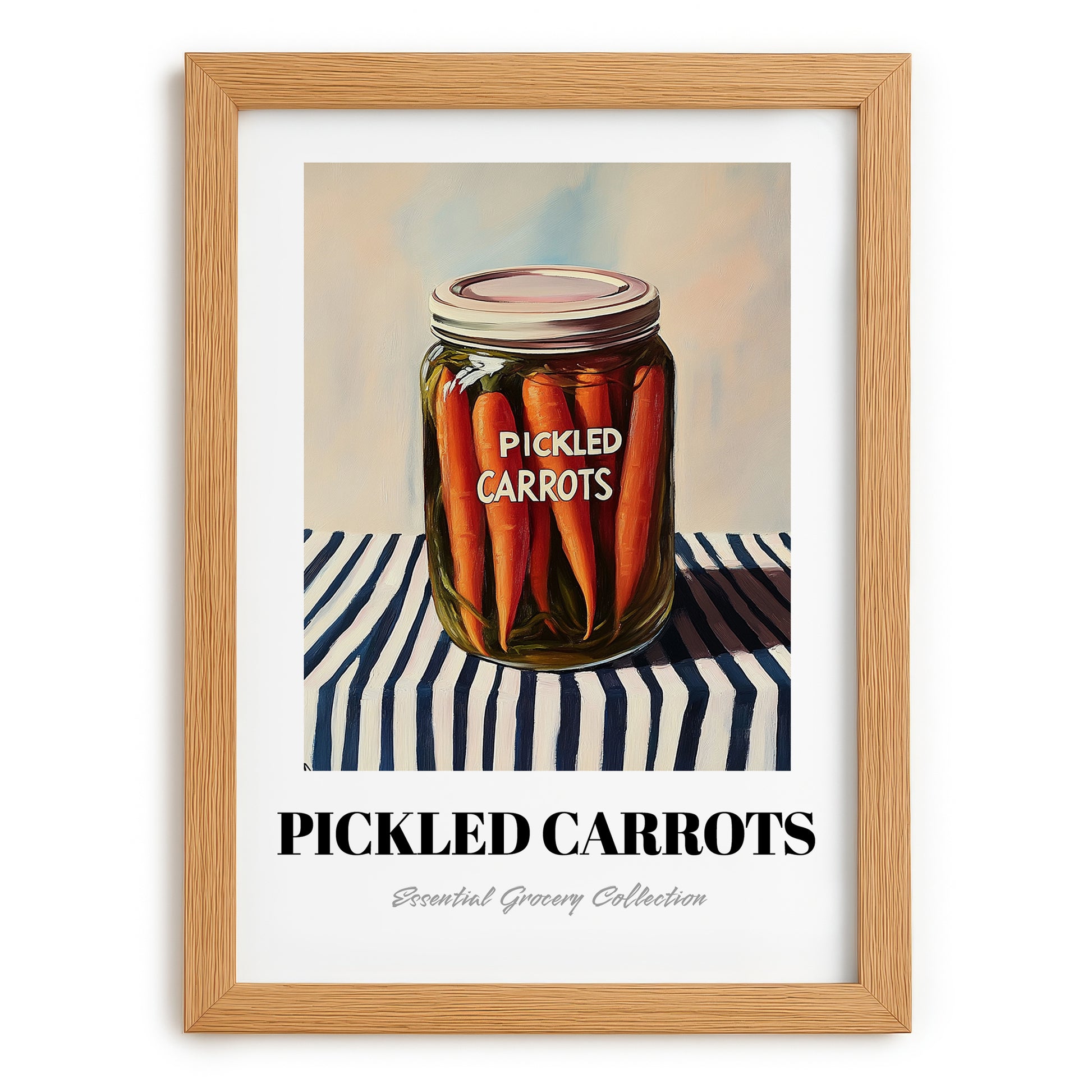 Pickled Carrots – on Striped Tablecloth, Canned Vegetables Wall Decor, set in oak frame