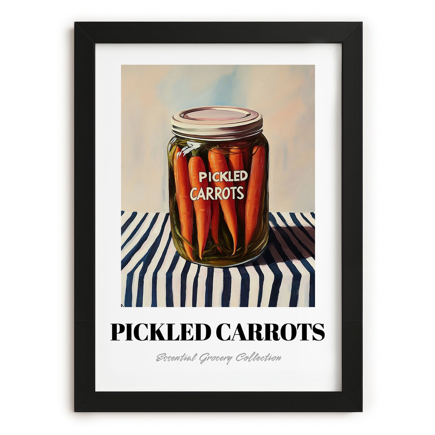Pickled Carrots – on Striped Tablecloth, Canned Vegetables Wall Decor, in sleek black frame