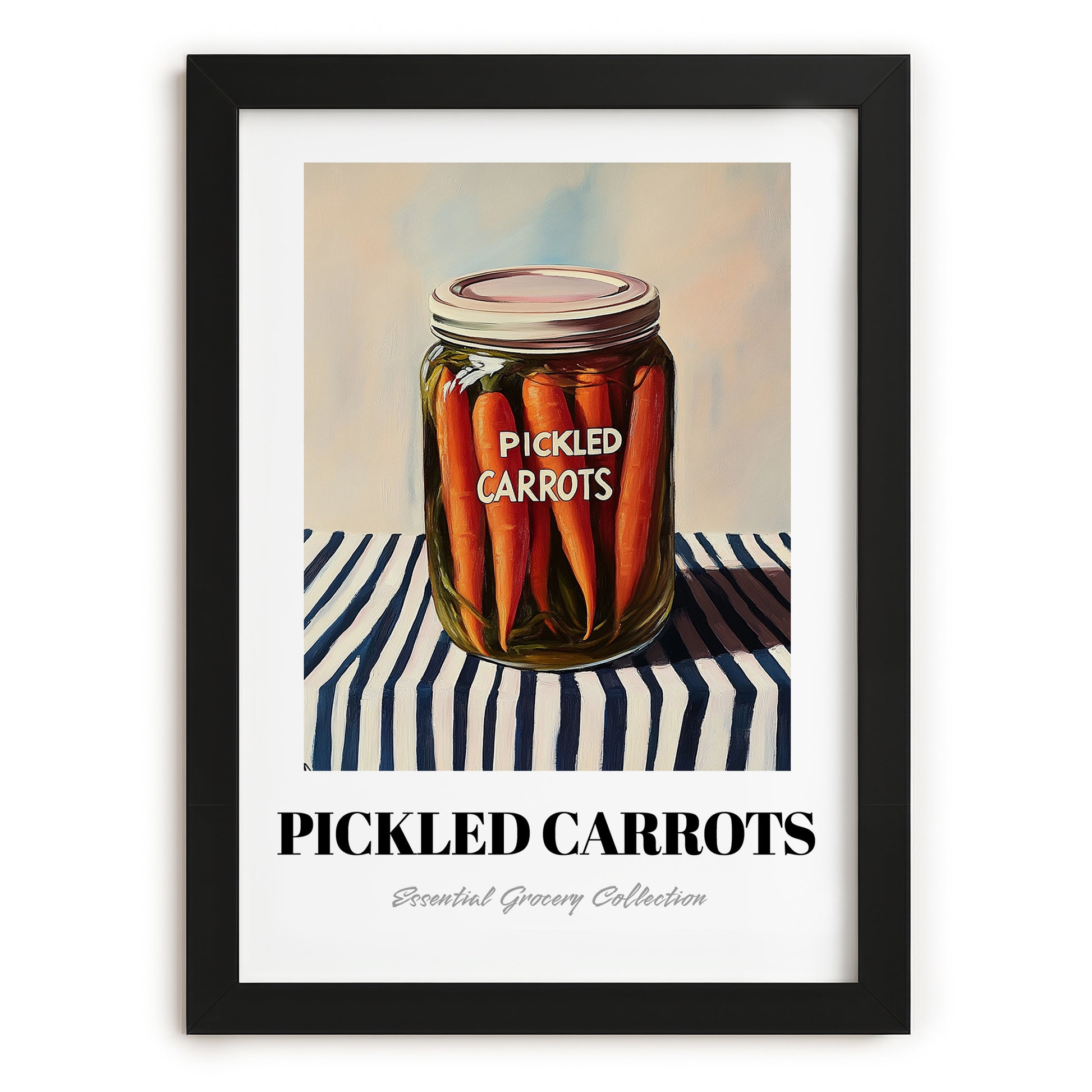 Pickled Carrots – on Striped Tablecloth, Canned Vegetables Wall Decor, in sleek black frame