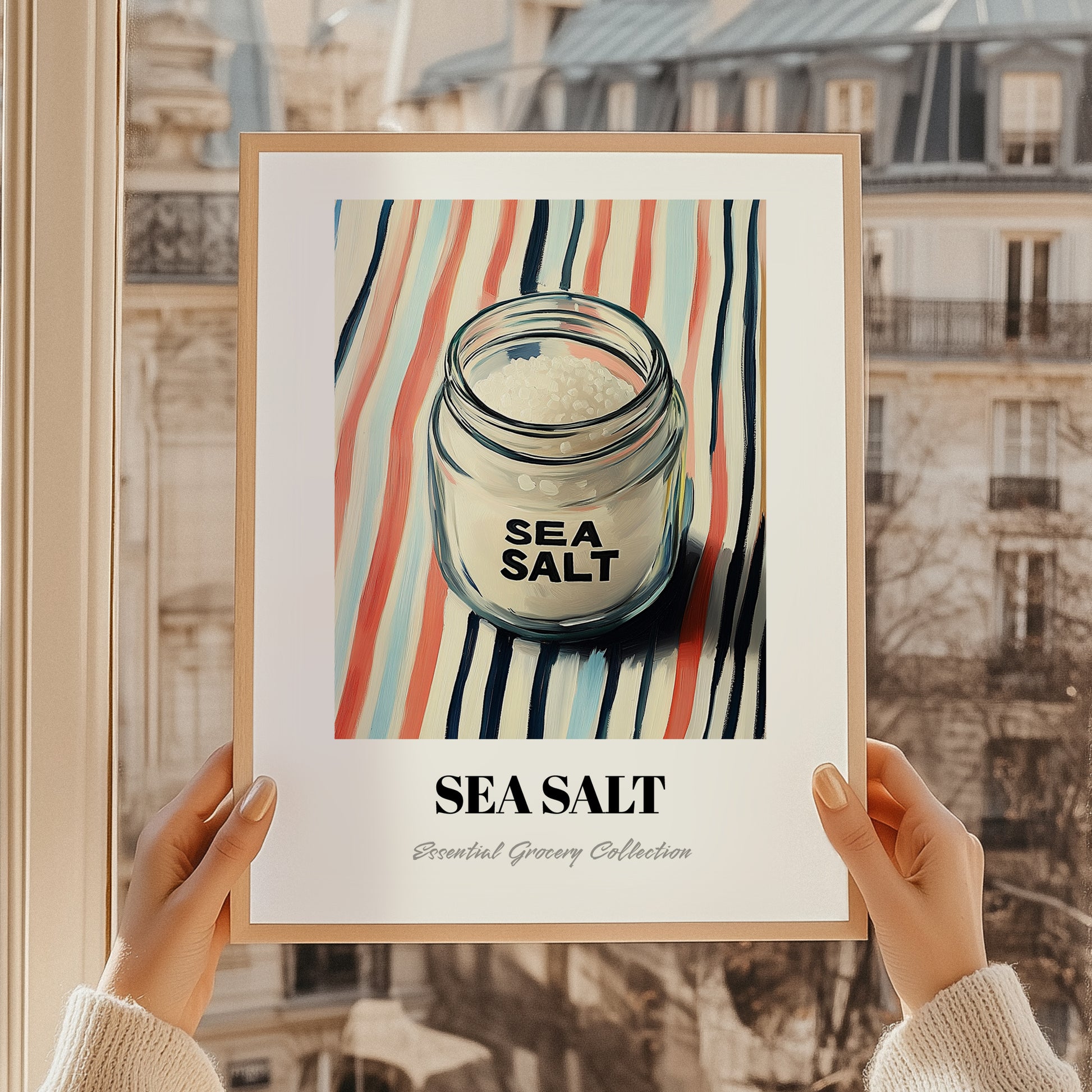 Sea Salt – on Striped Tablecloth, Spices Poster, styled in a charming Paris street view