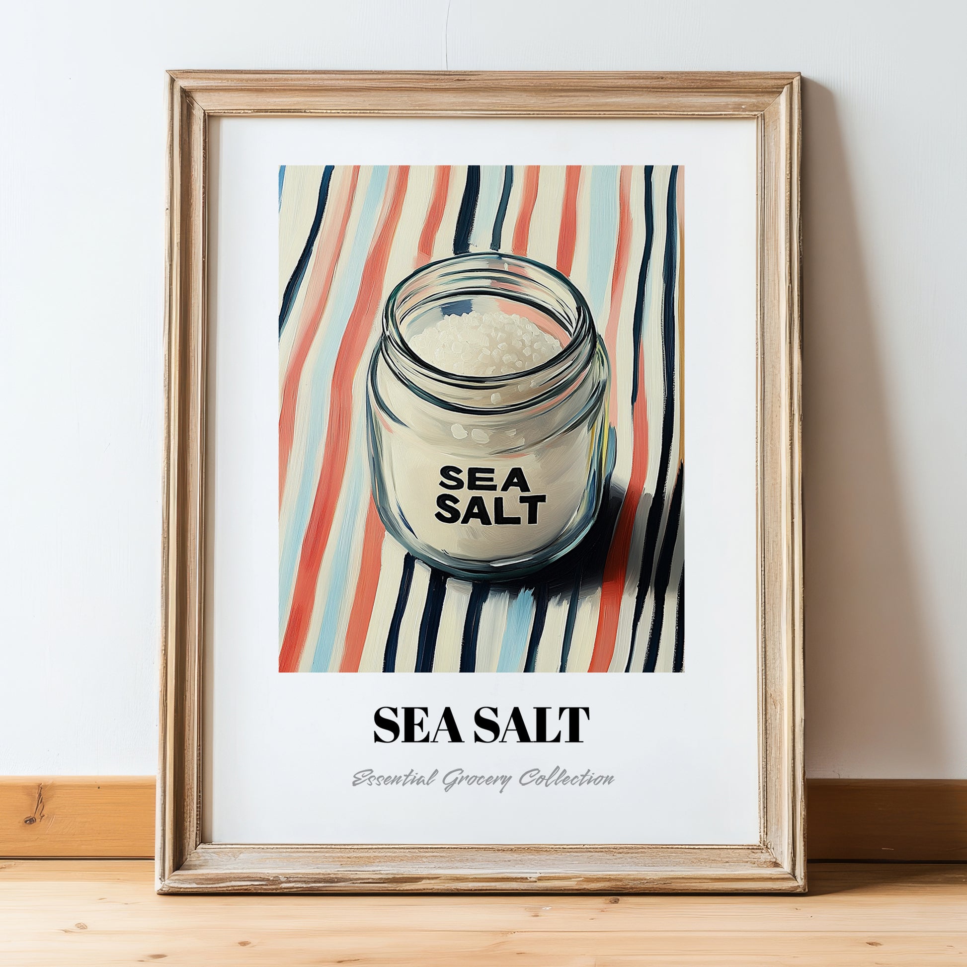 Sea Salt – on Striped Tablecloth, Spices Poster, in wooden frame leaning on the floor