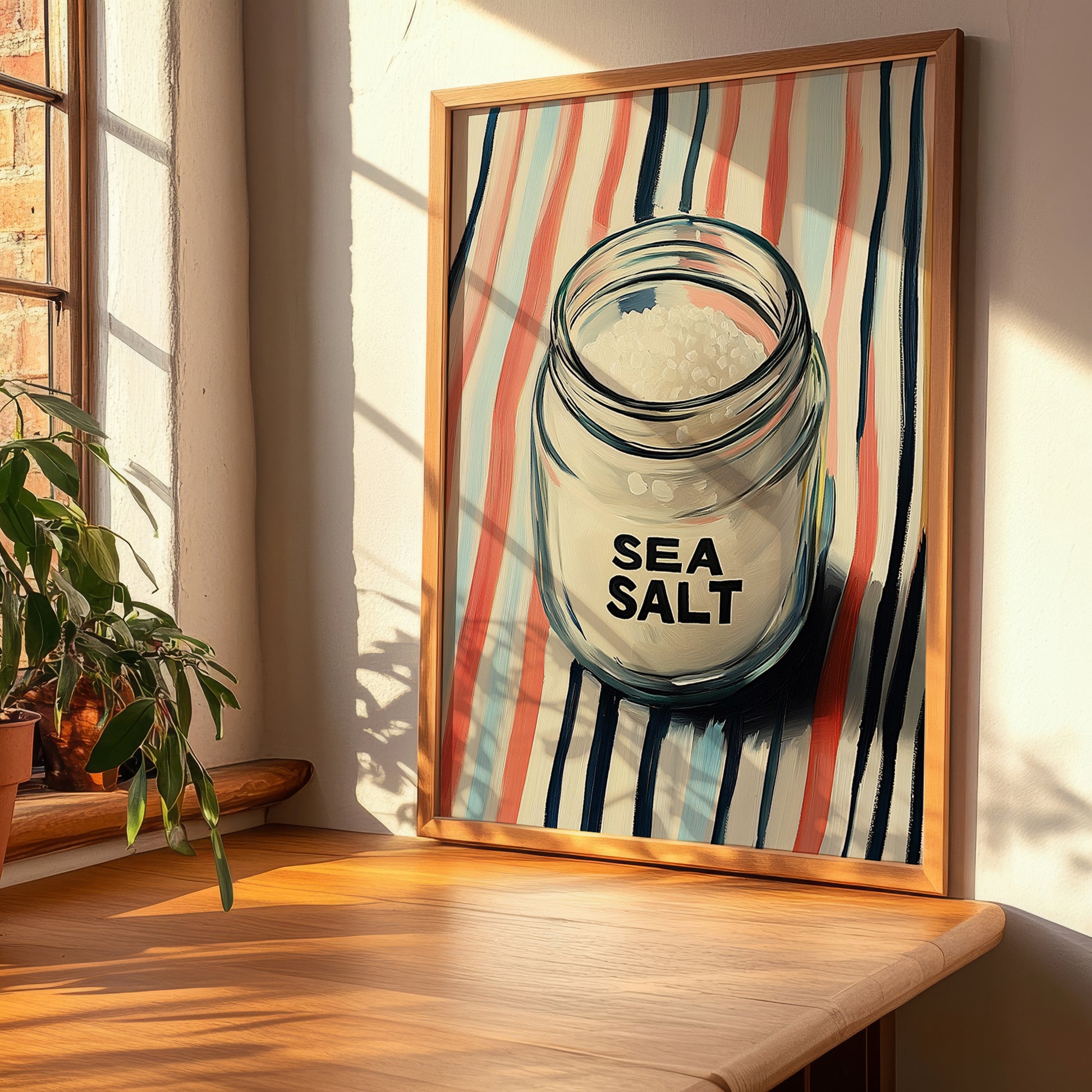Sea Salt – on Striped Tablecloth, Spices Poster, clean layout with no caption