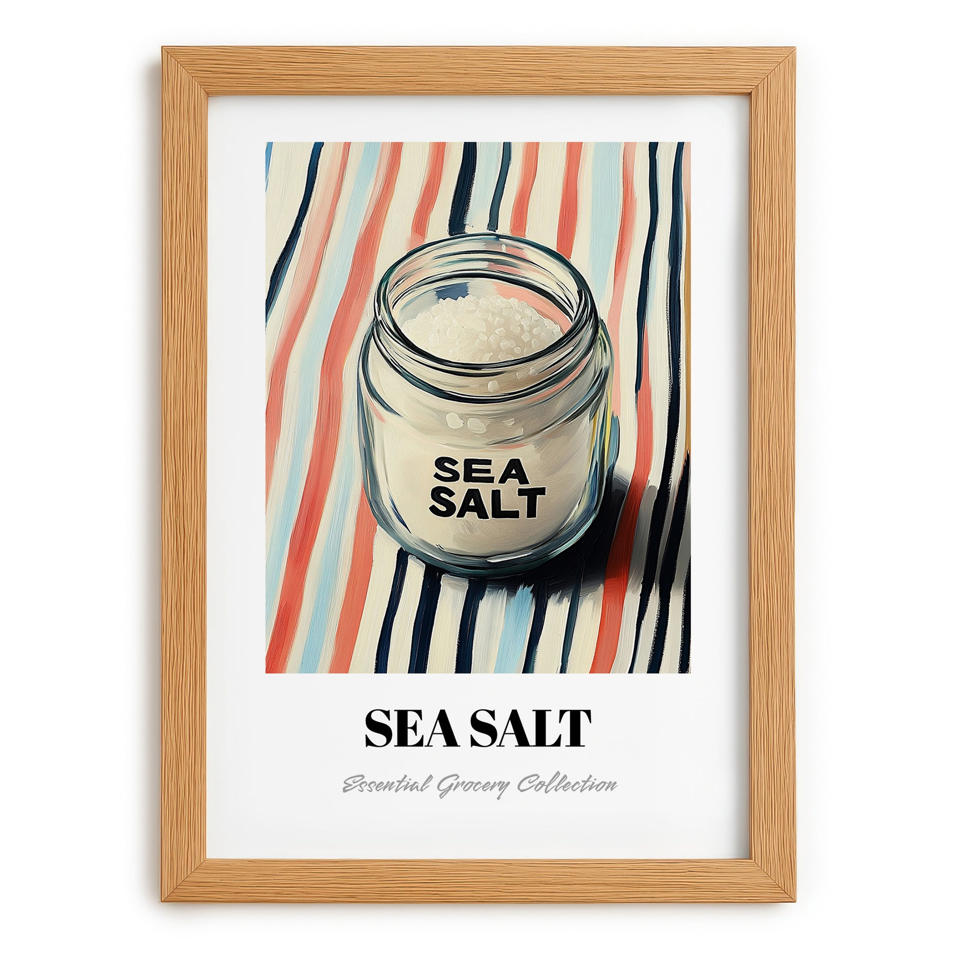 Sea Salt – on Striped Tablecloth, Spices Poster, set in oak frame