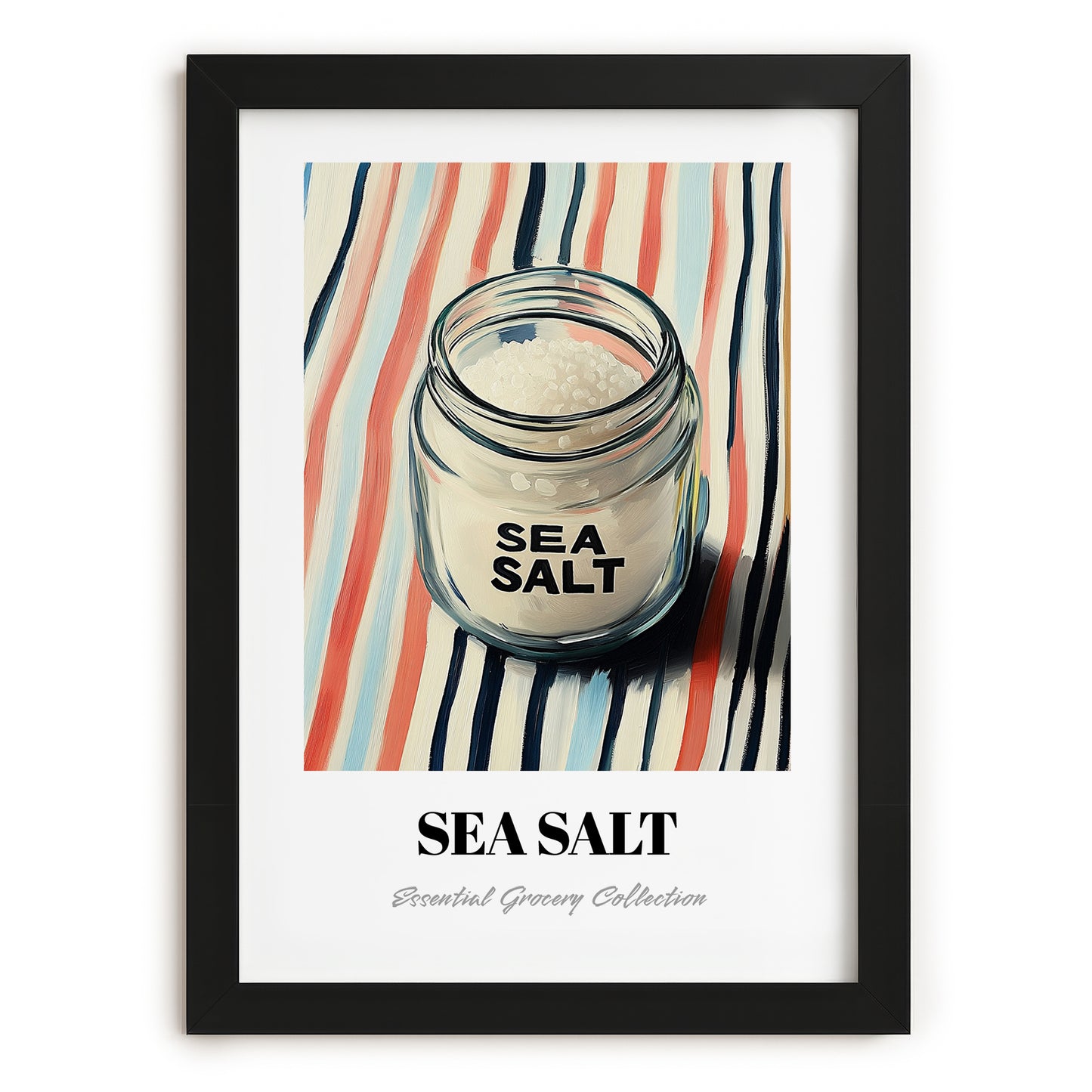 Sea Salt – on Striped Tablecloth, Spices Poster, in sleek black frame