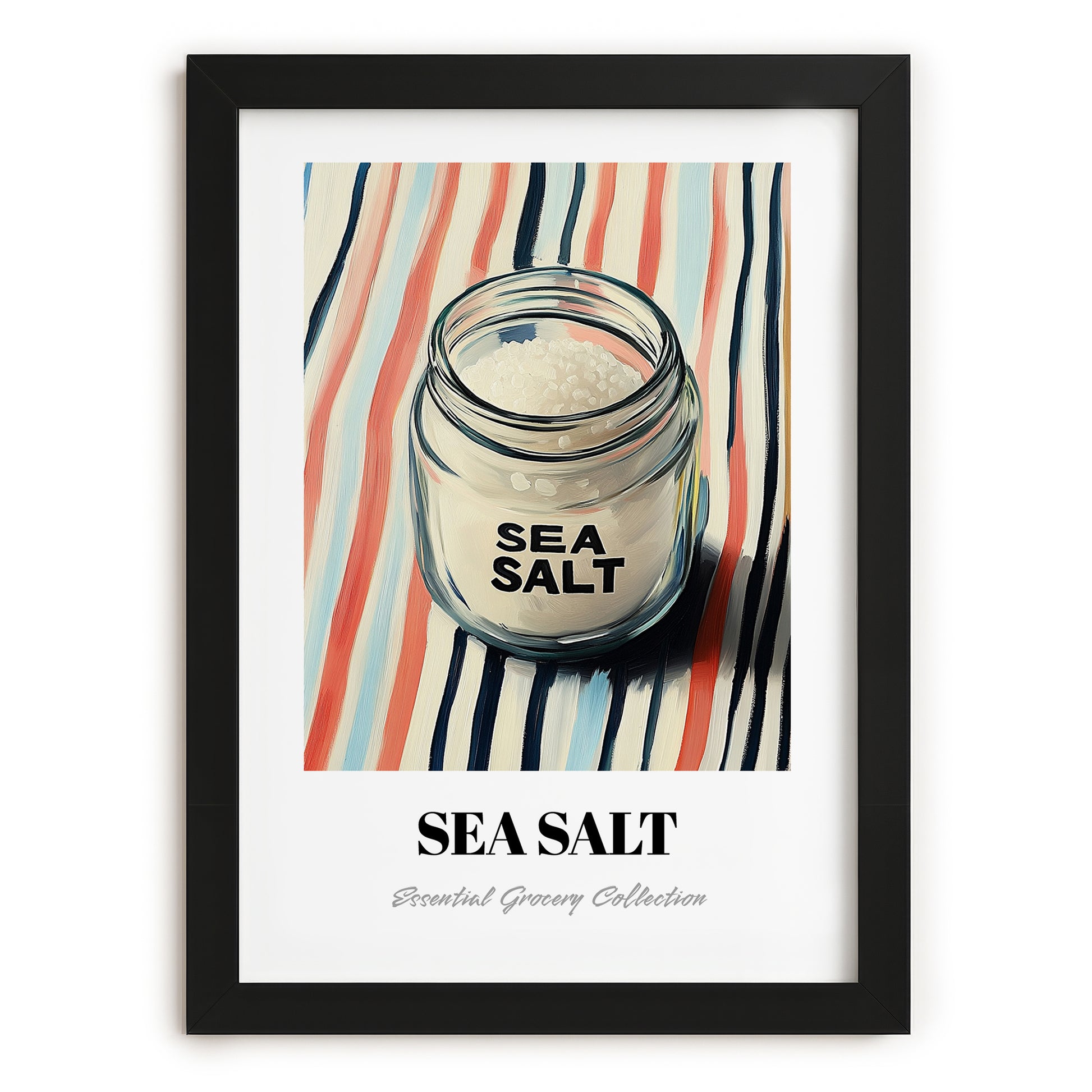 Sea Salt – on Striped Tablecloth, Spices Poster, in sleek black frame