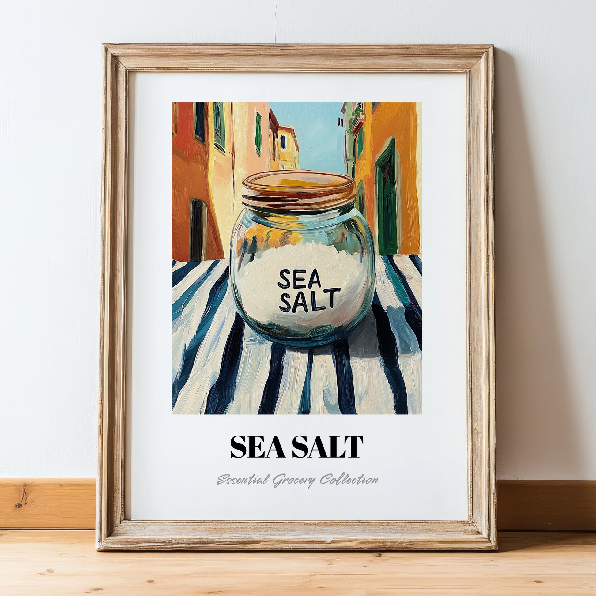 Sea Salt – Italian Café on the Corner, Spices Painting, in wooden frame leaning on the floor