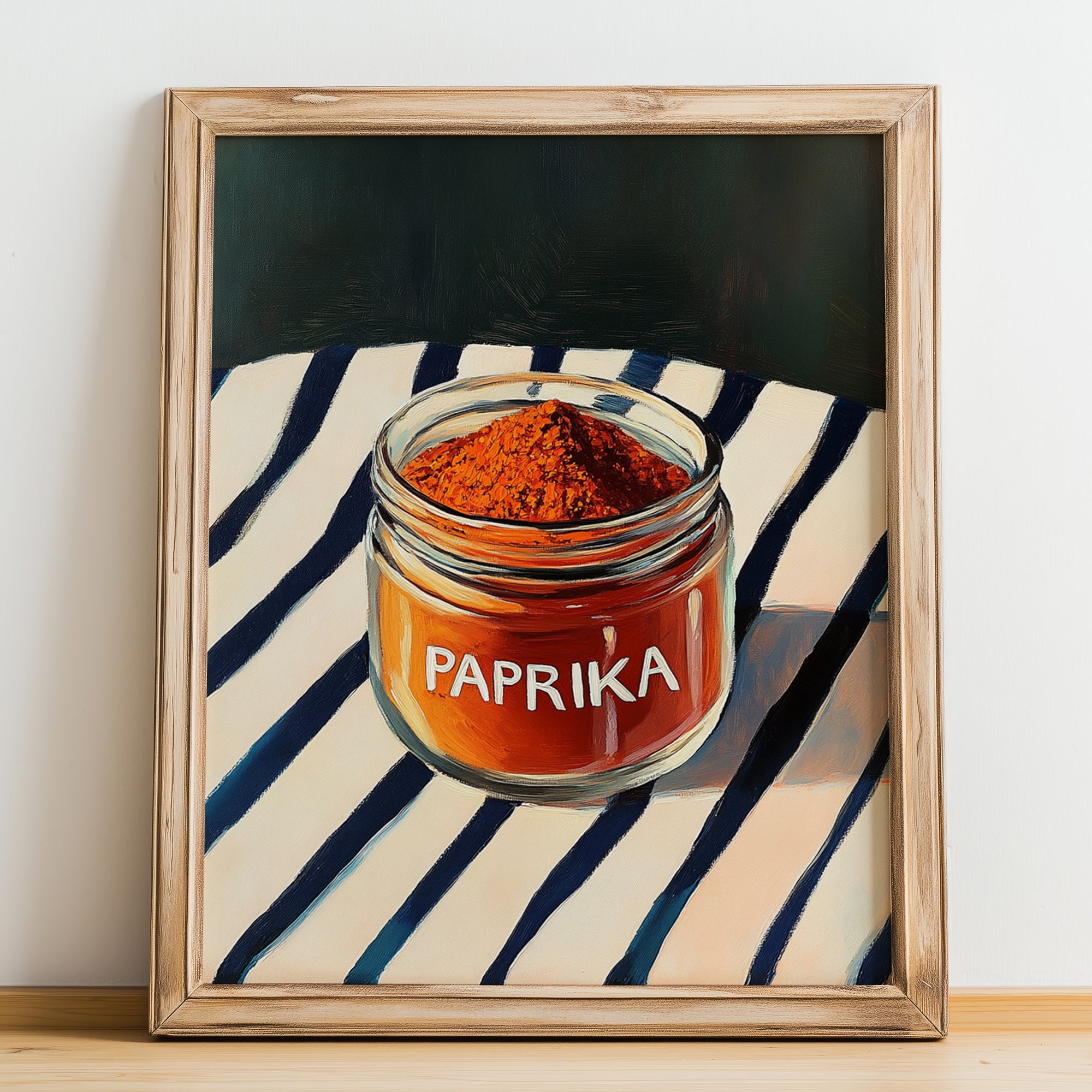 Paprika – on Striped Tablecloth, Spices Wall Decor, no-text version framed in wood