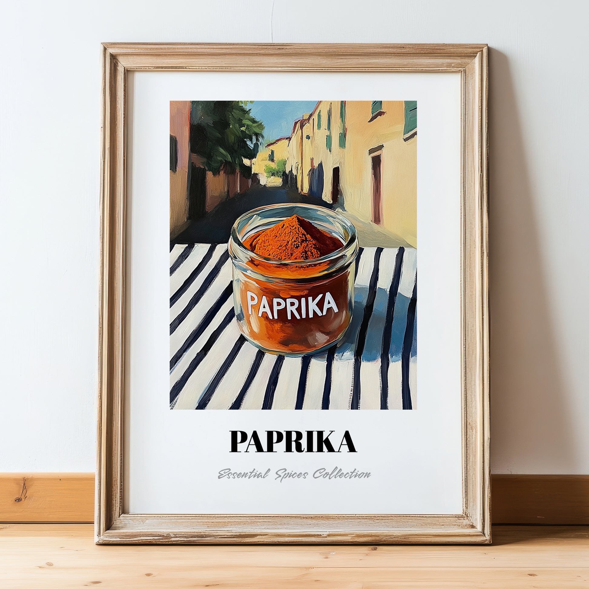 Paprika – Italian Street Café Scene, Spices Still Life, in wooden frame leaning on the floor