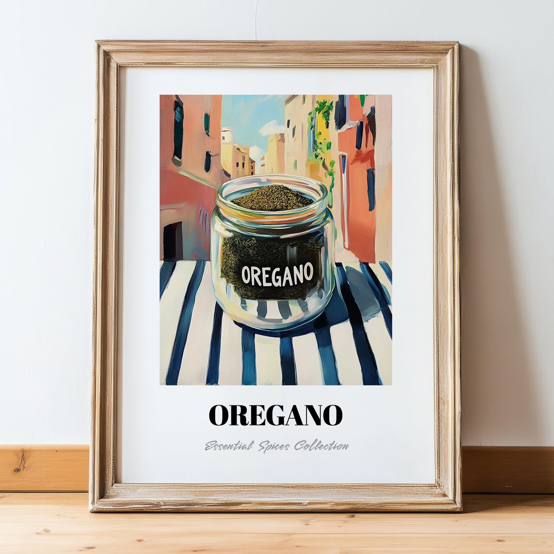 Oregano – Italian Outdoor Café Scene, Spices Still Life, in wooden frame leaning on the floor