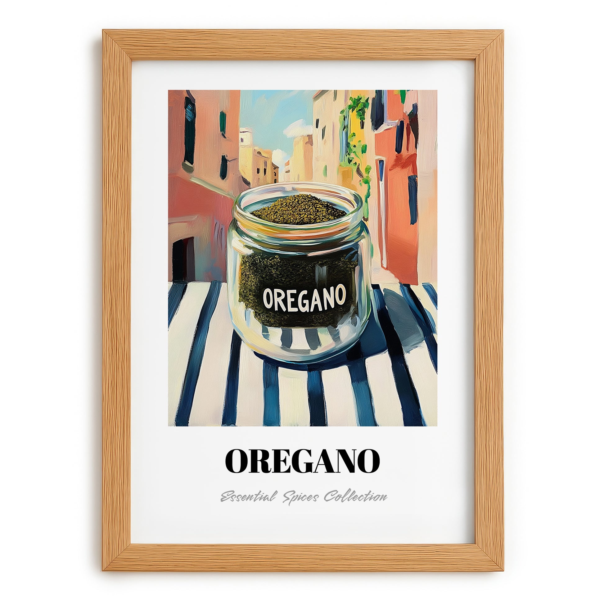 Oregano – Italian Outdoor Café Scene, Spices Still Life, set in oak frame