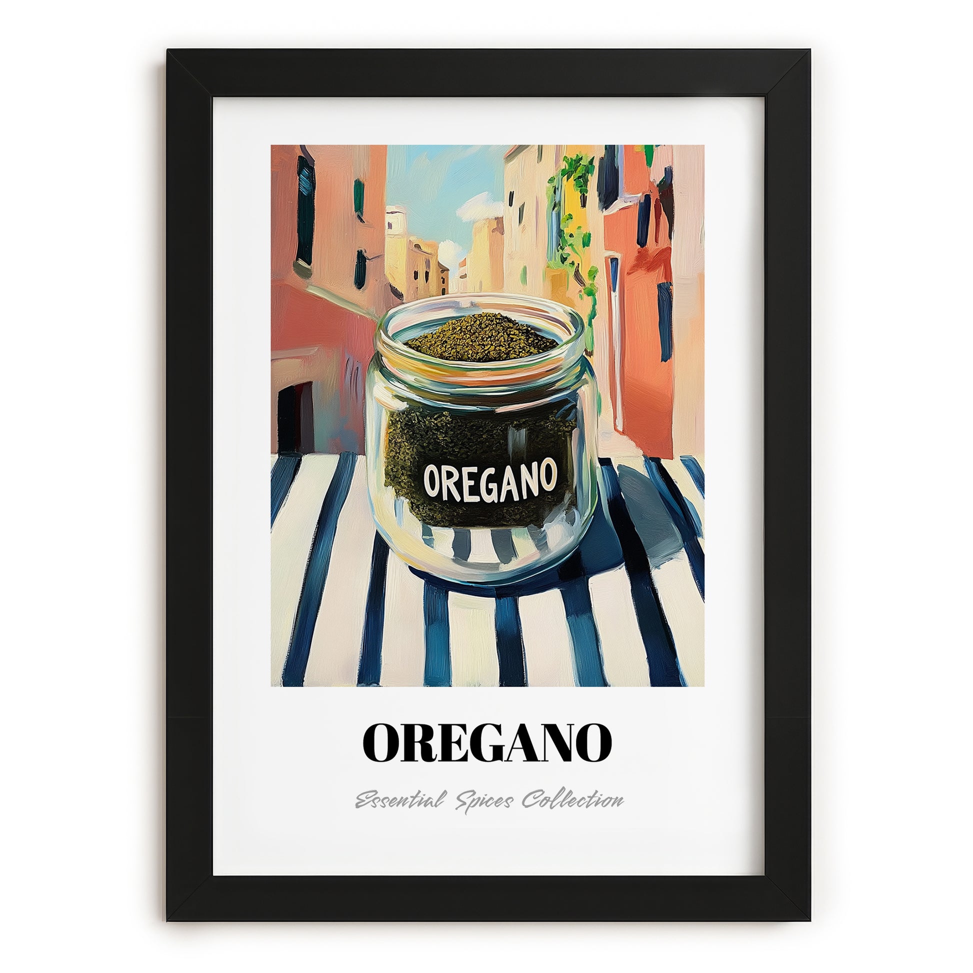 Oregano – Italian Outdoor Café Scene, Spices Still Life, in sleek black frame