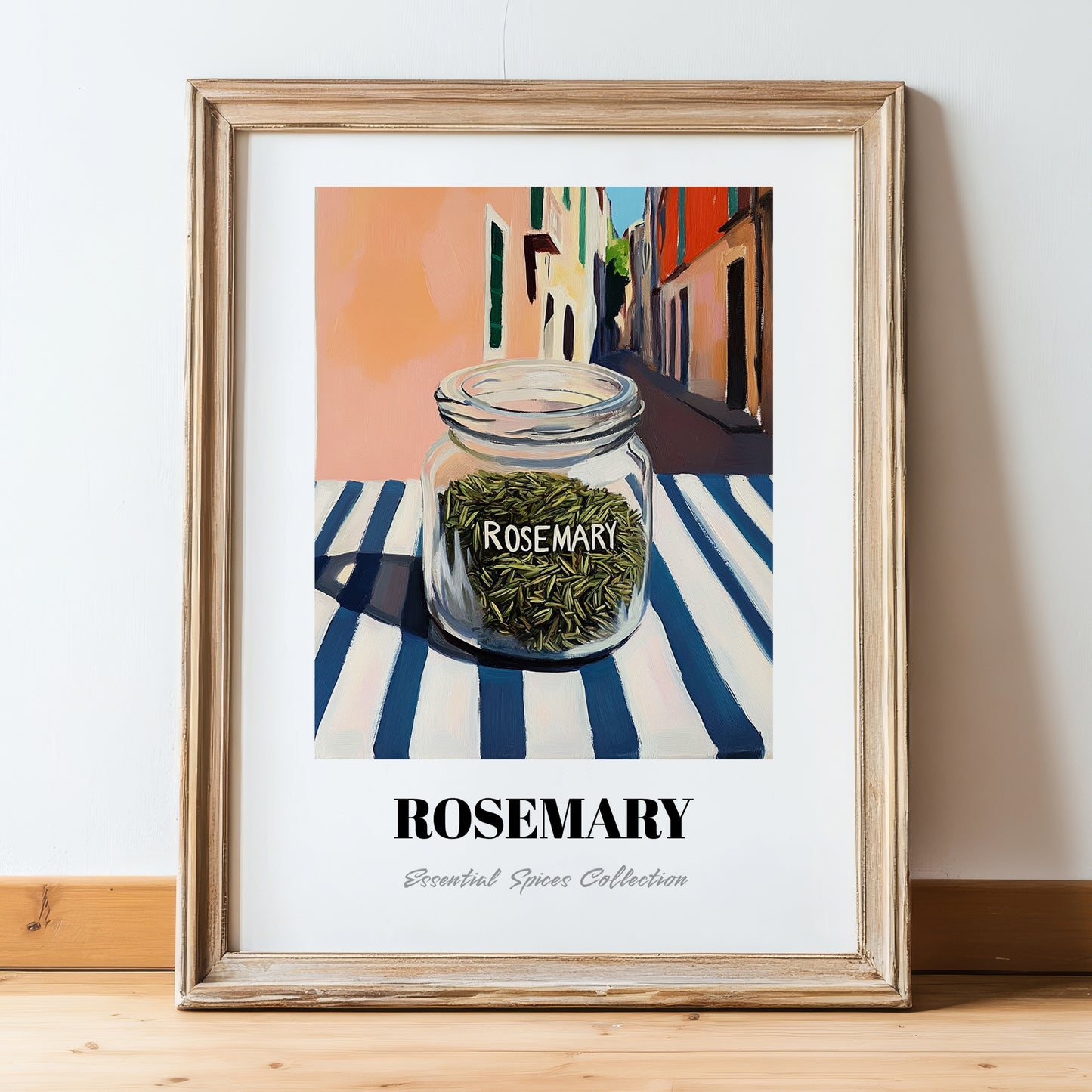 Rosemary – Italian Outdoor Café Scene, Spices Wall Print, in wooden frame leaning on the floor