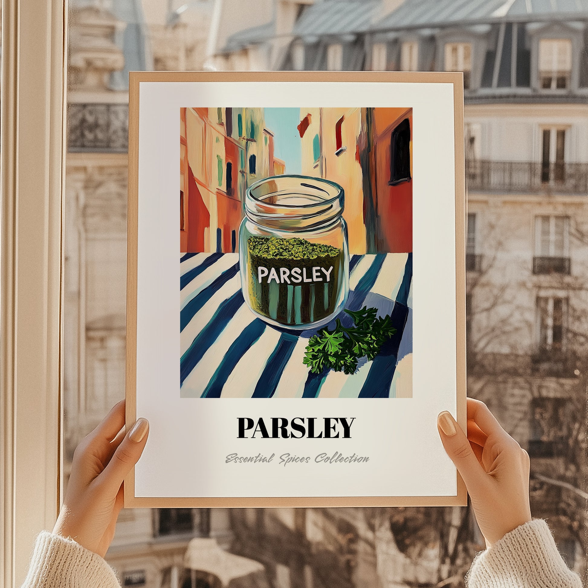 Parsley – Italian Street Café Scene, Spices Poster, styled in a charming Paris street view