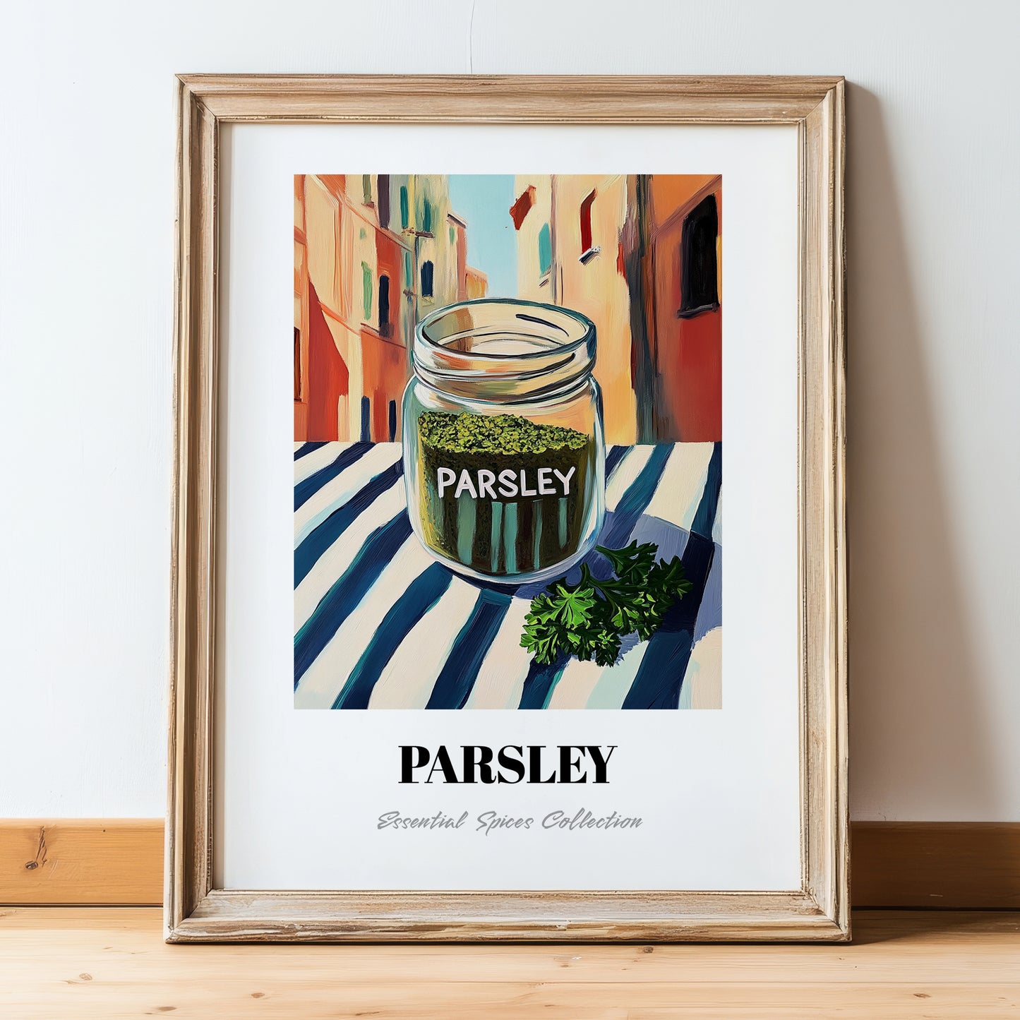Parsley – Italian Street Café Scene, Spices Poster, in wooden frame leaning on the floor