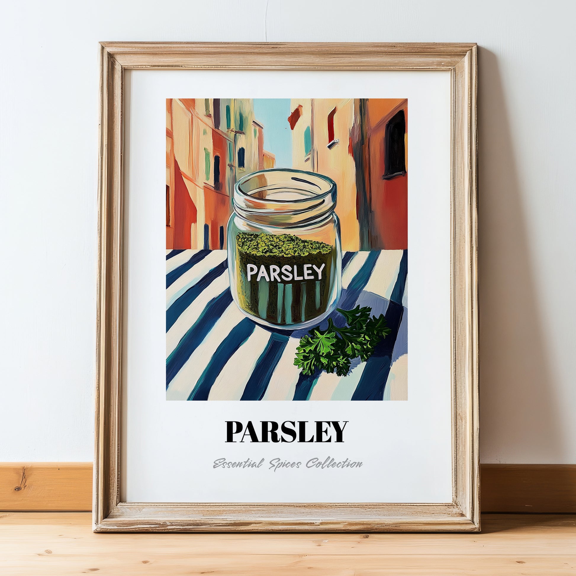 Parsley – Italian Street Café Scene, Spices Poster, in wooden frame leaning on the floor