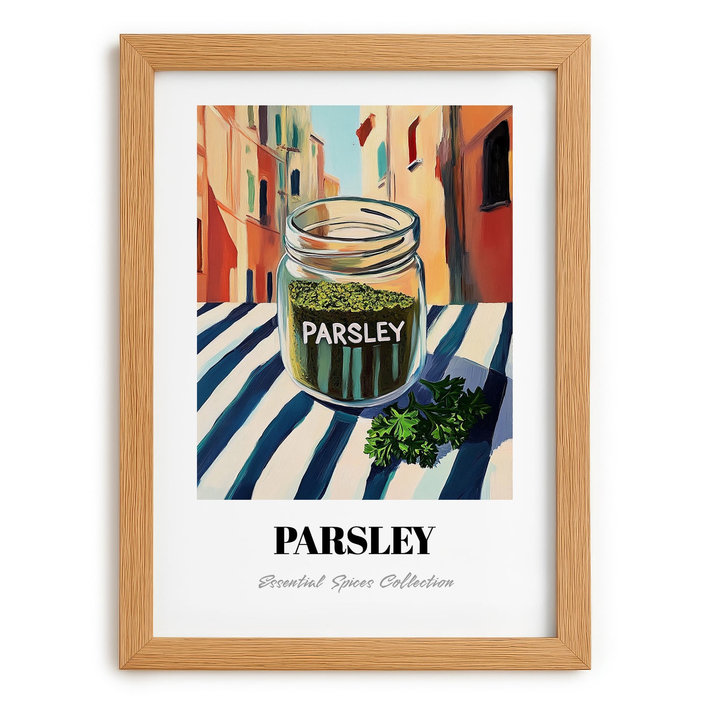 Parsley – Italian Street Café Scene, Spices Poster, set in oak frame