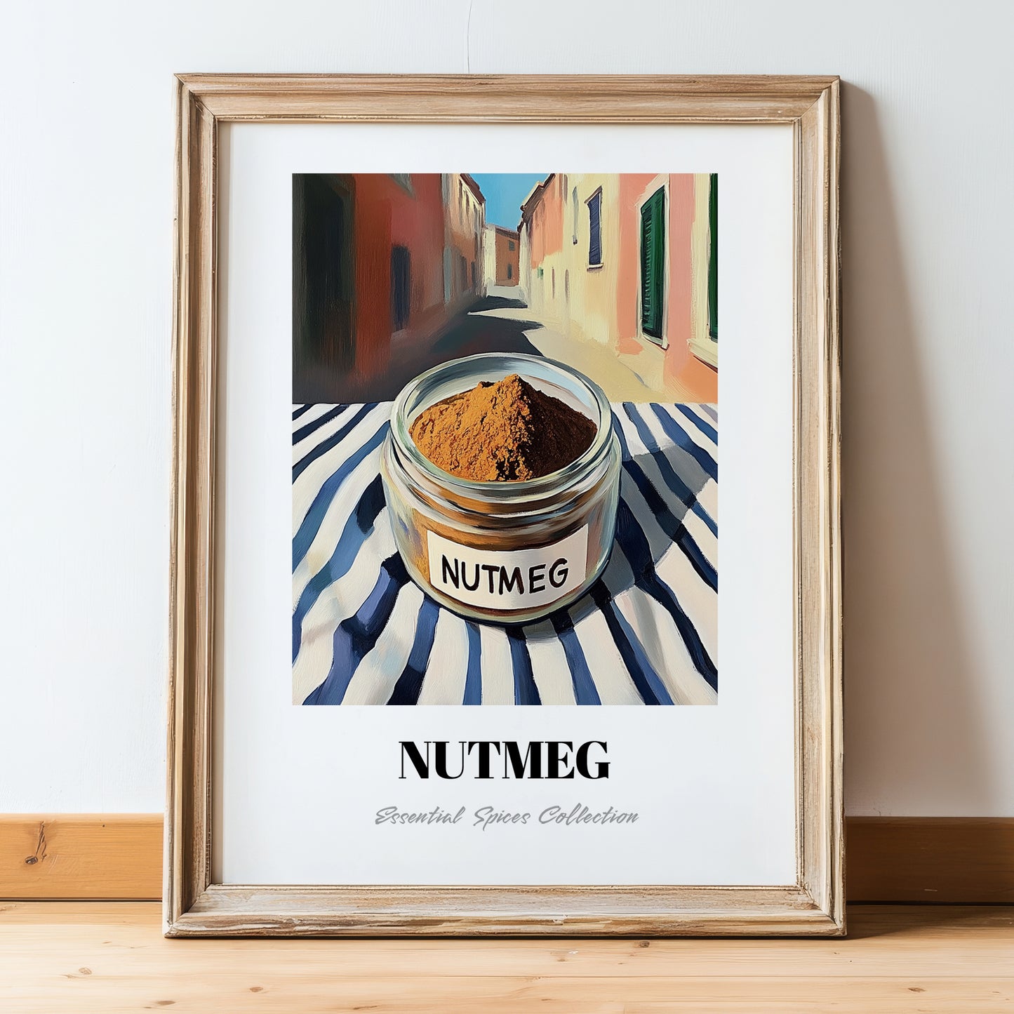 Nutmeg – Italian Street Café Scene, Spices Wall Decor, in wooden frame leaning on the floor