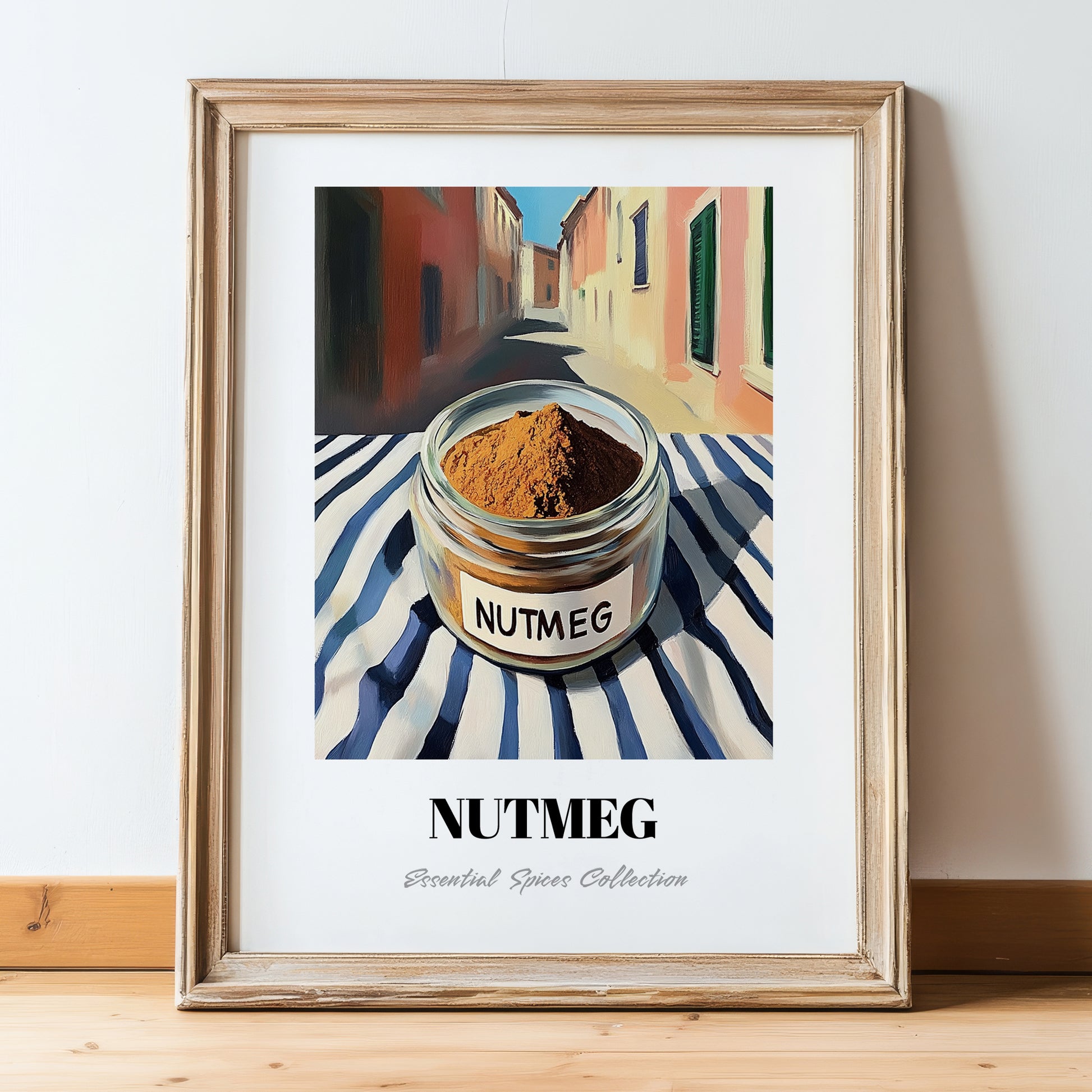 Nutmeg – Italian Street Café Scene, Spices Wall Decor, in wooden frame leaning on the floor