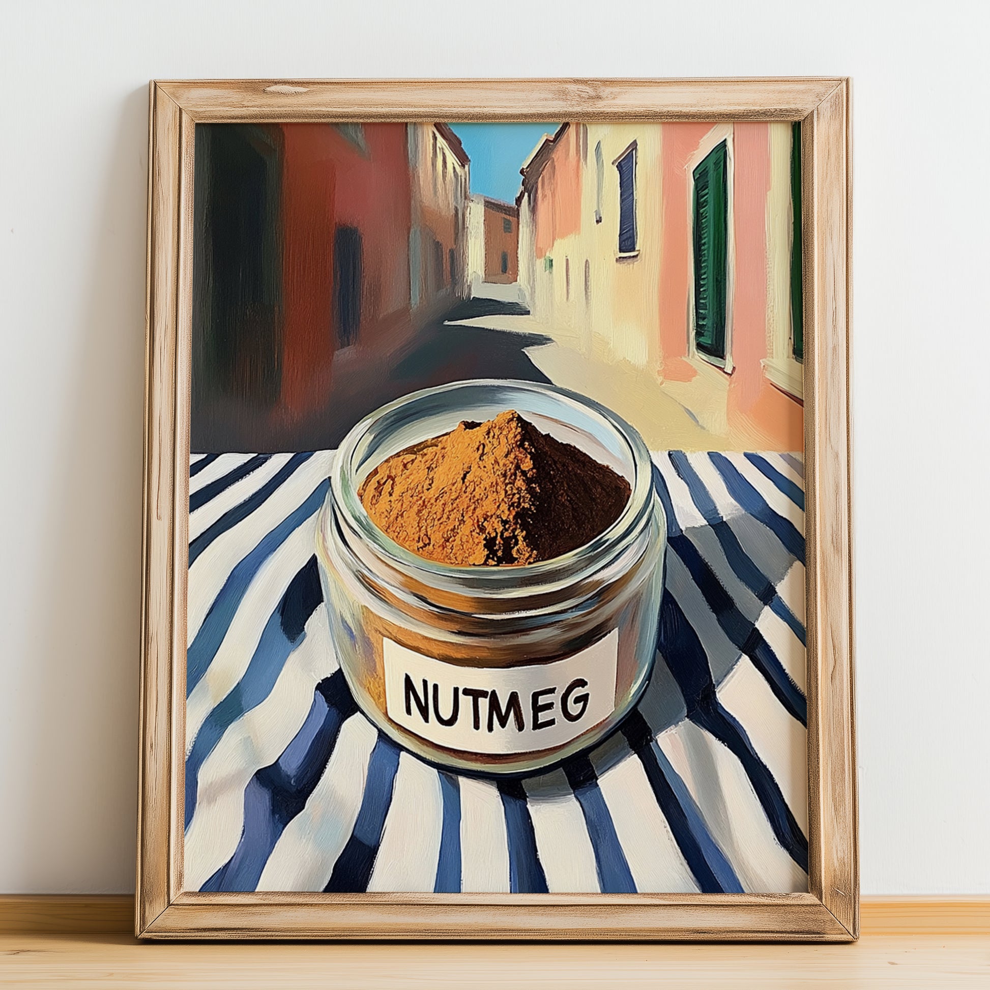 Nutmeg – Italian Street Café Scene, Spices Wall Decor, no-text version framed in wood