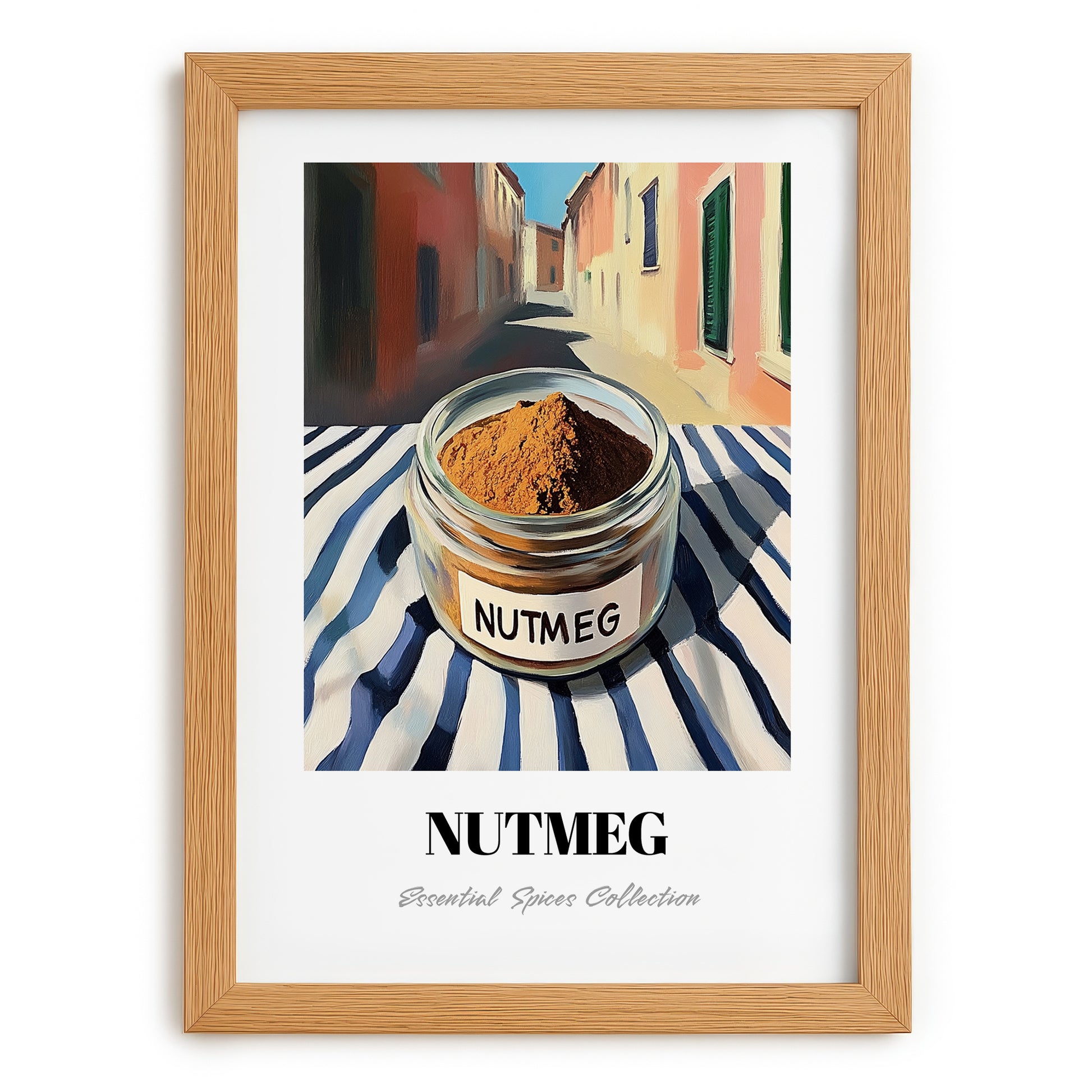 Nutmeg – Italian Street Café Scene, Spices Wall Decor, set in oak frame