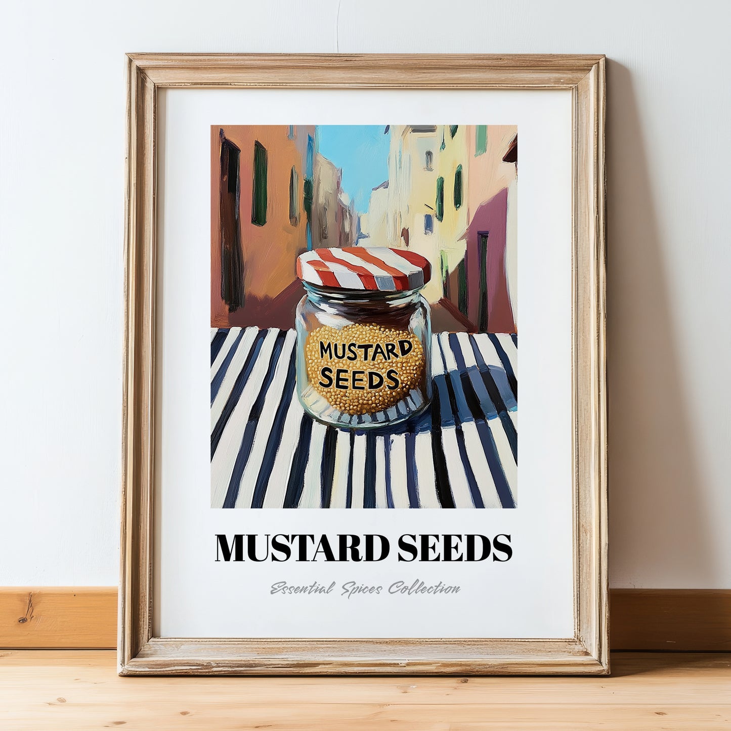 Mustard Seeds – Italian Outdoor Café Scene, Spices Wall Art, in wooden frame leaning on the floor