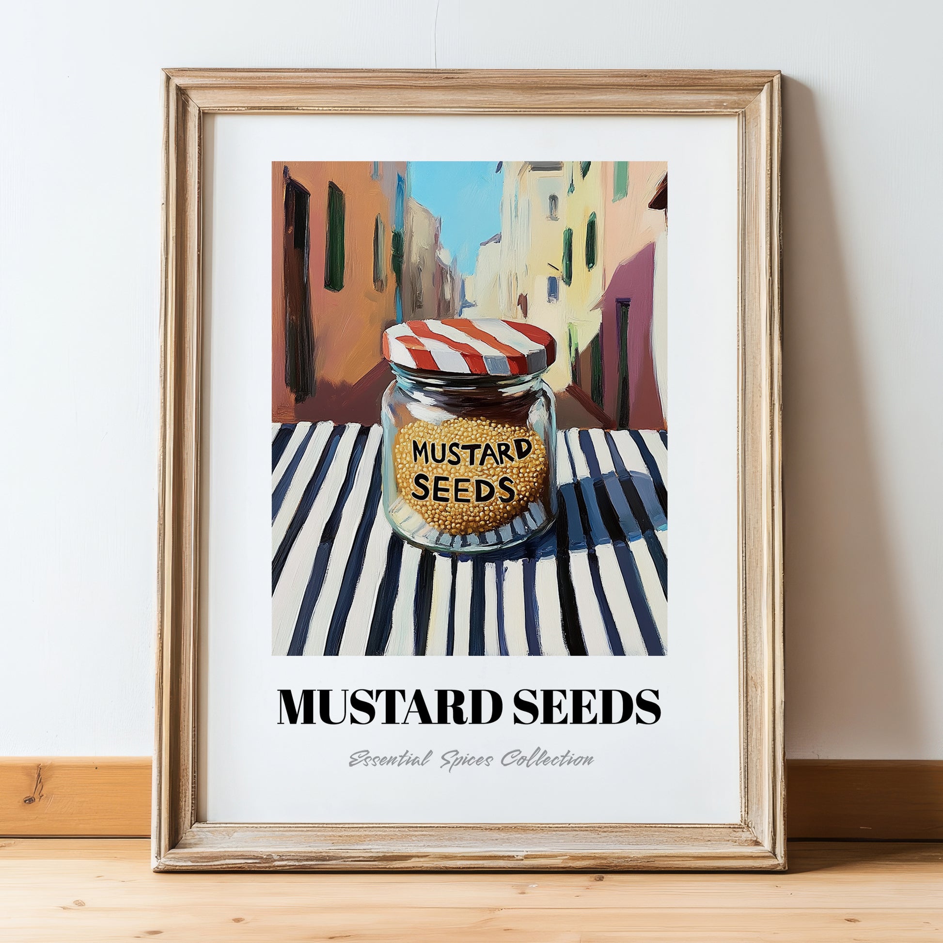 Mustard Seeds – Italian Outdoor Café Scene, Spices Wall Art, in wooden frame leaning on the floor