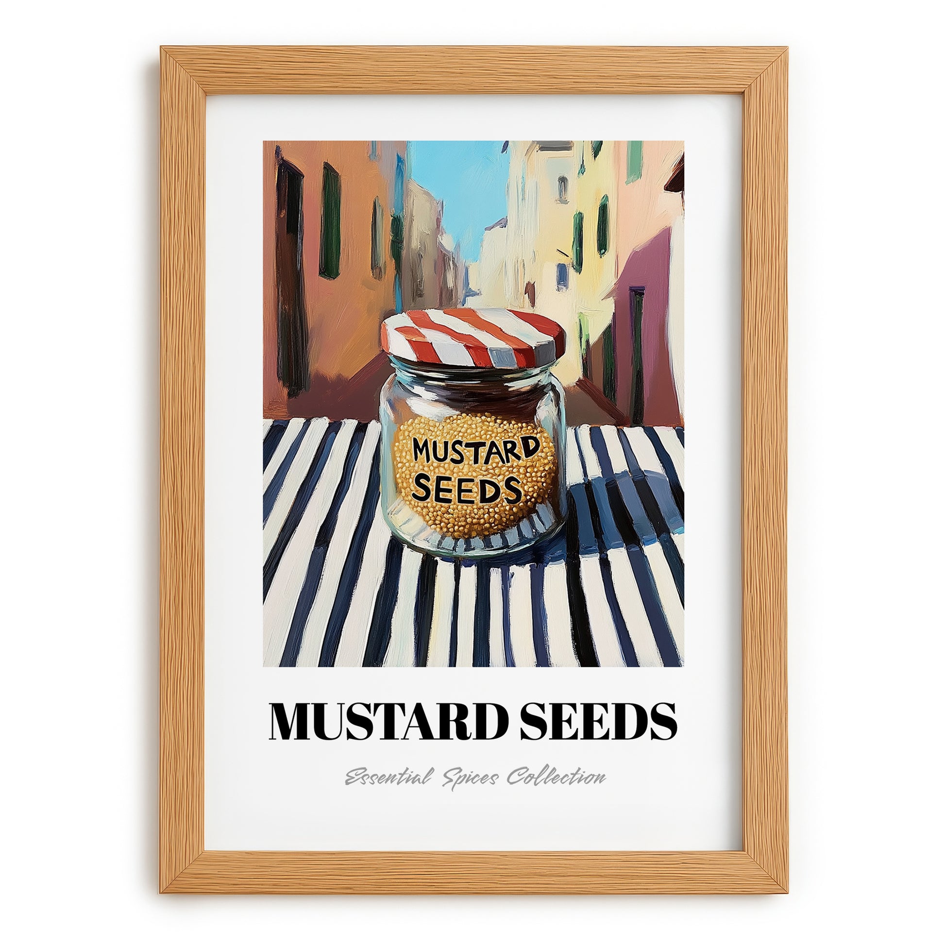 Mustard Seeds – Italian Outdoor Café Scene, Spices Wall Art, set in oak frame