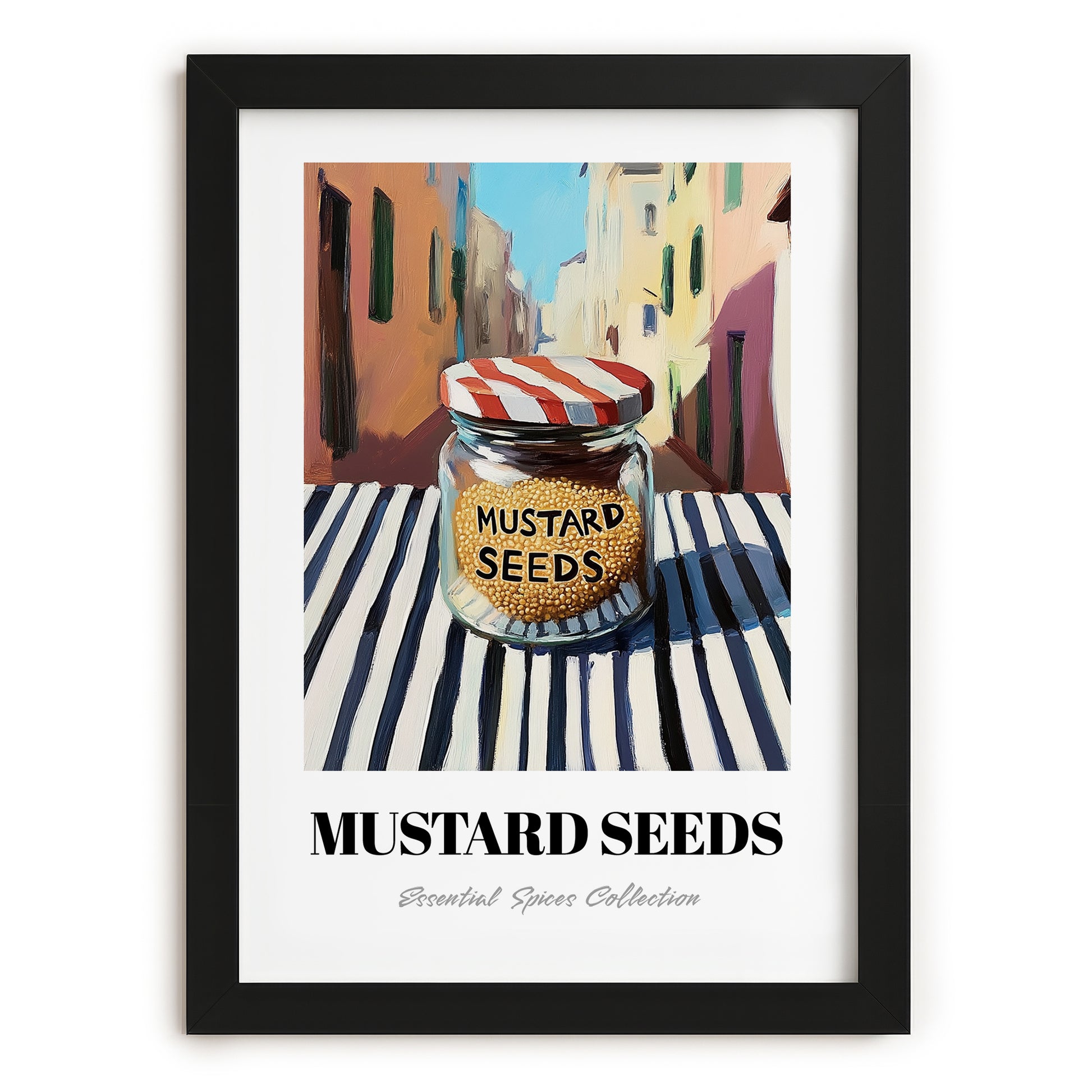 Mustard Seeds – Italian Outdoor Café Scene, Spices Wall Art, in sleek black frame
