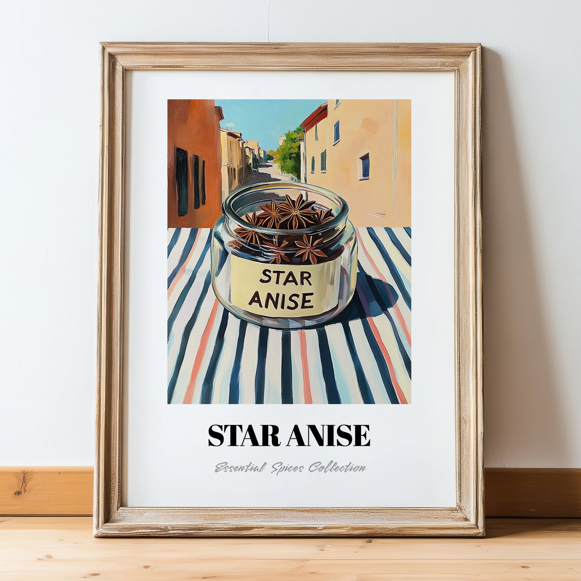 Star Anise – Italian Street Café Scene, Spices Still Life, in wooden frame leaning on the floor