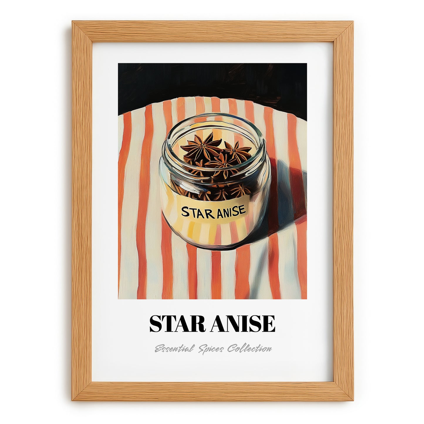 Star Anise – on Striped Tablecloth, Spices Print, set in oak frame