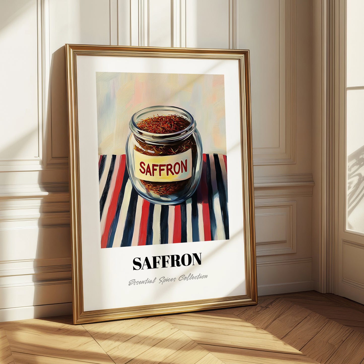 Saffron – on Striped Tablecloth, Spices Still Life