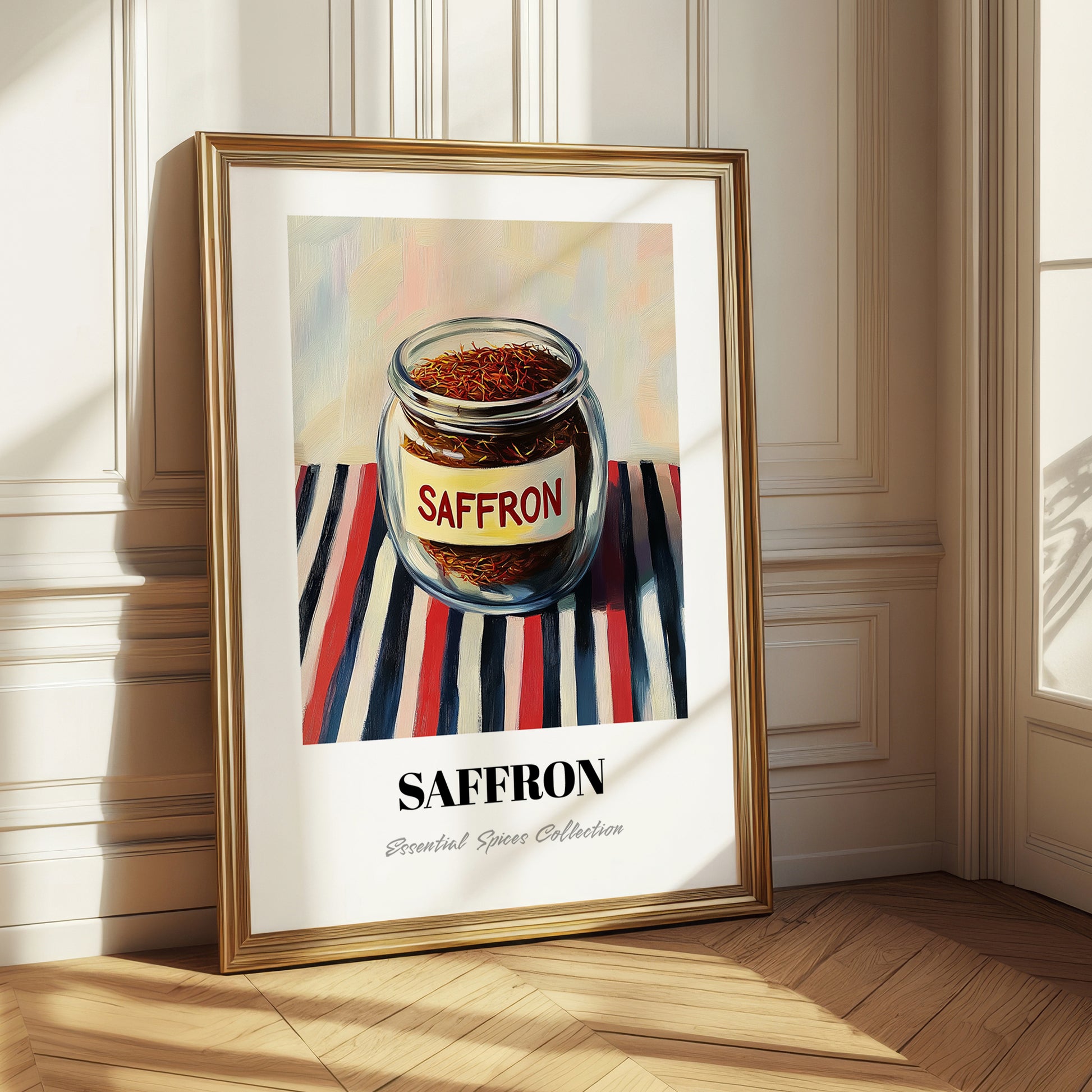 Saffron – on Striped Tablecloth, Spices Still Life