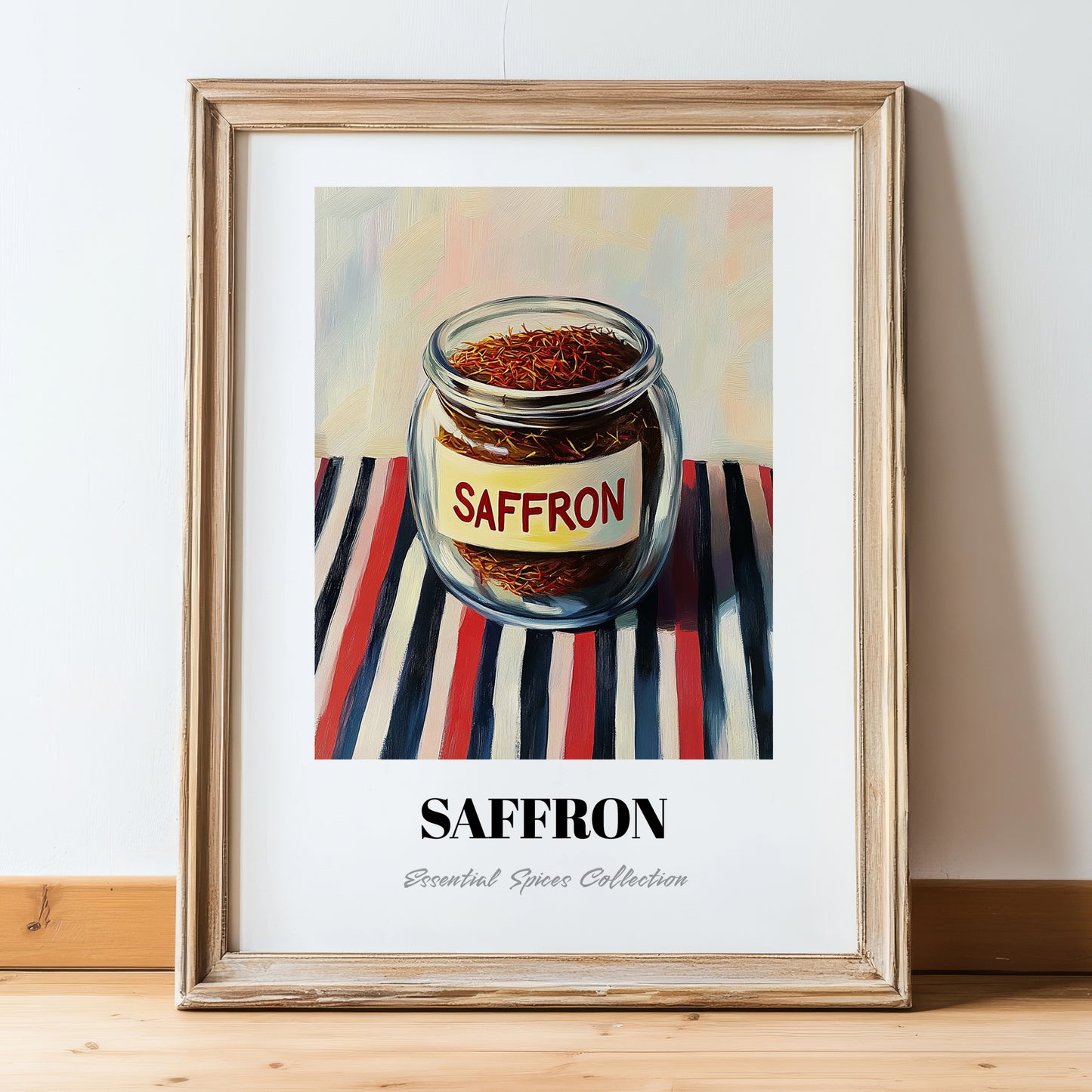 Saffron – on Striped Tablecloth, Spices Still Life, in wooden frame leaning on the floor