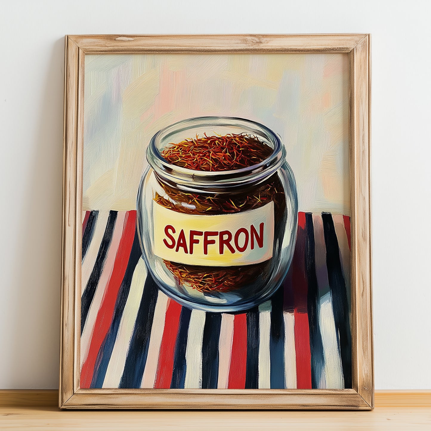 Saffron – on Striped Tablecloth, Spices Still Life, no-text version framed in wood