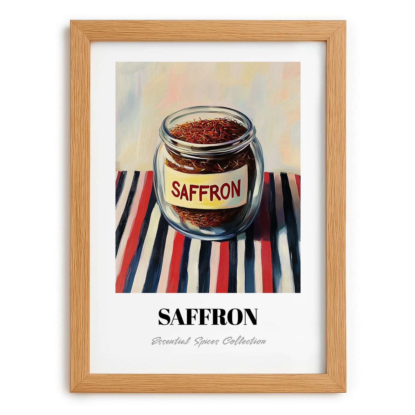 Saffron – on Striped Tablecloth, Spices Still Life, set in oak frame