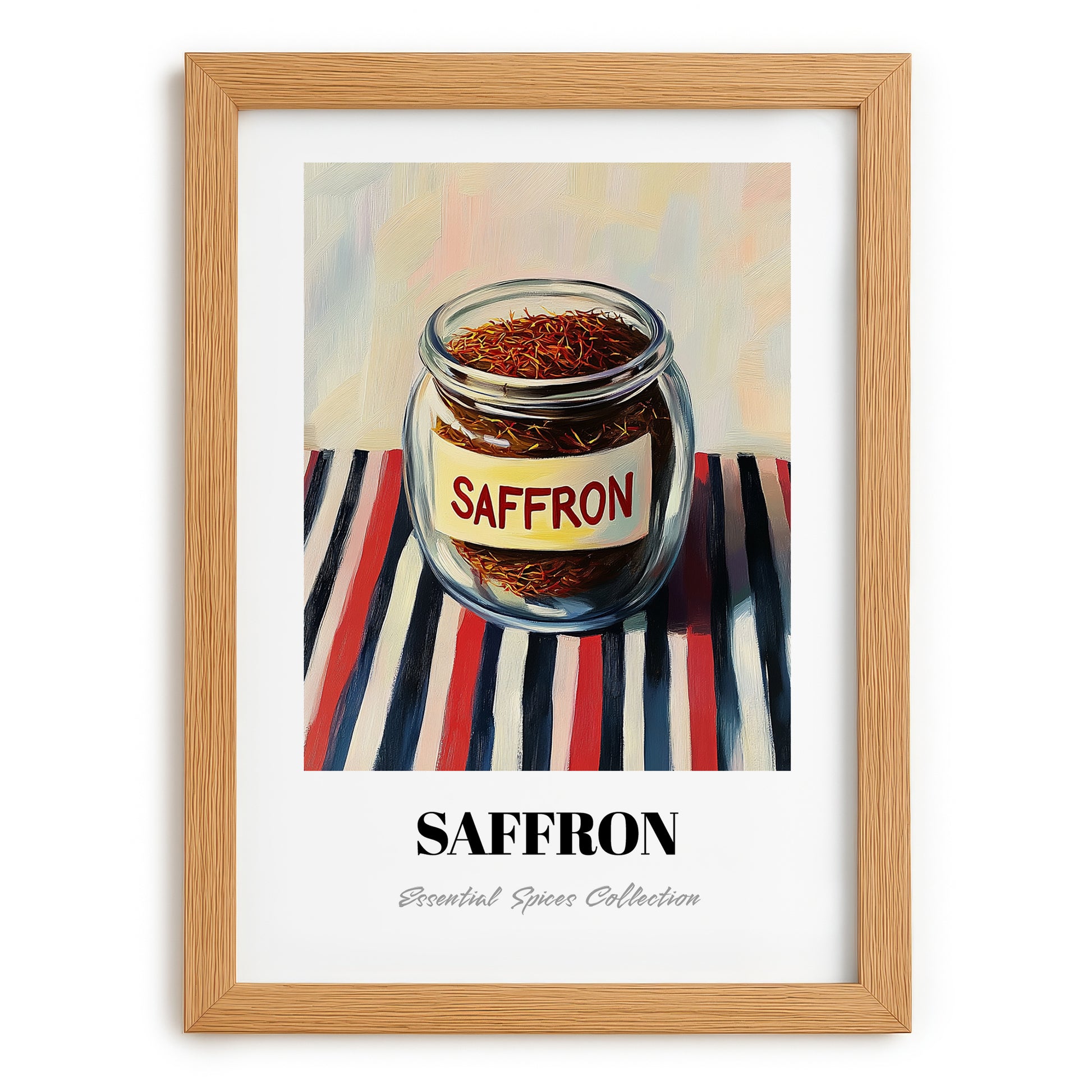 Saffron – on Striped Tablecloth, Spices Still Life, set in oak frame