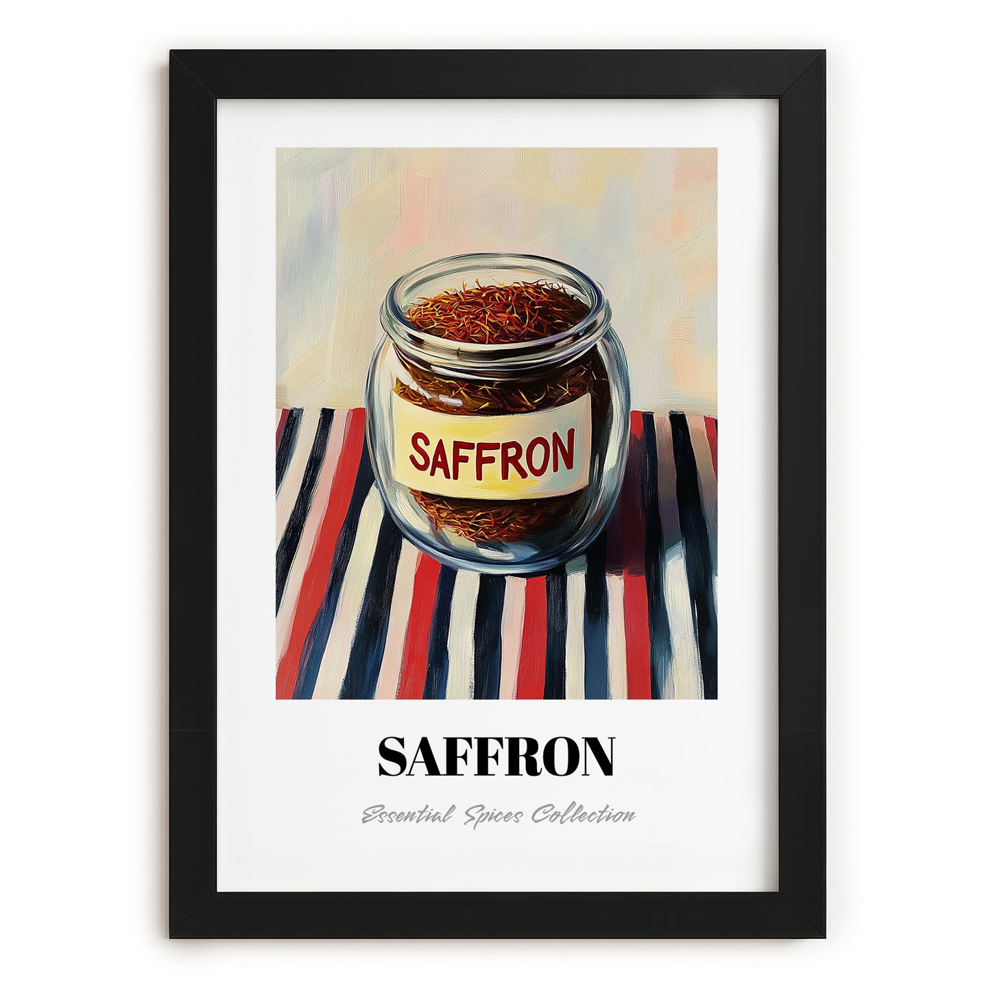 Saffron – on Striped Tablecloth, Spices Still Life, in sleek black frame