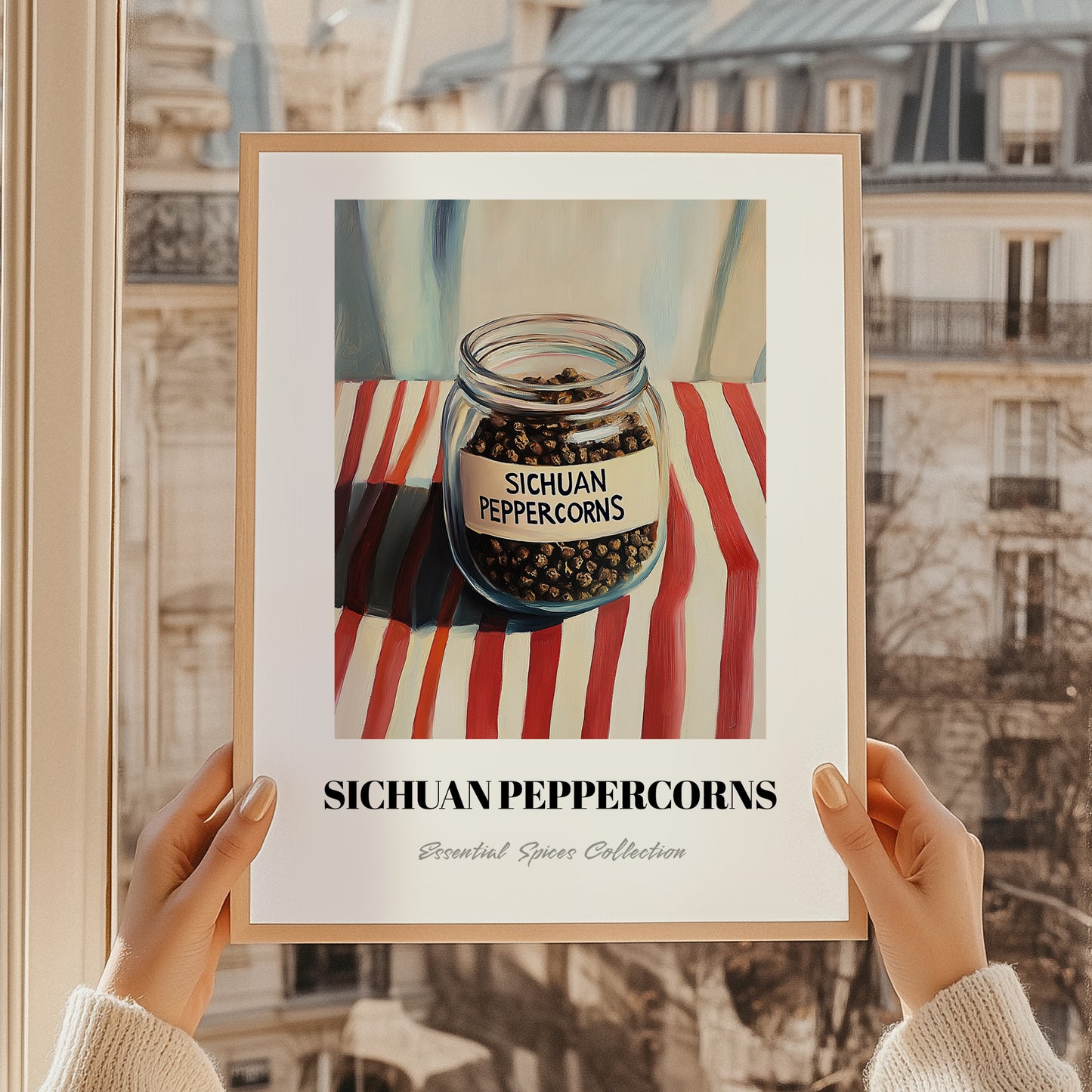 Sichuan Peppercorns – on Striped Tablecloth, Spices Wall Art, styled in a charming Paris street view