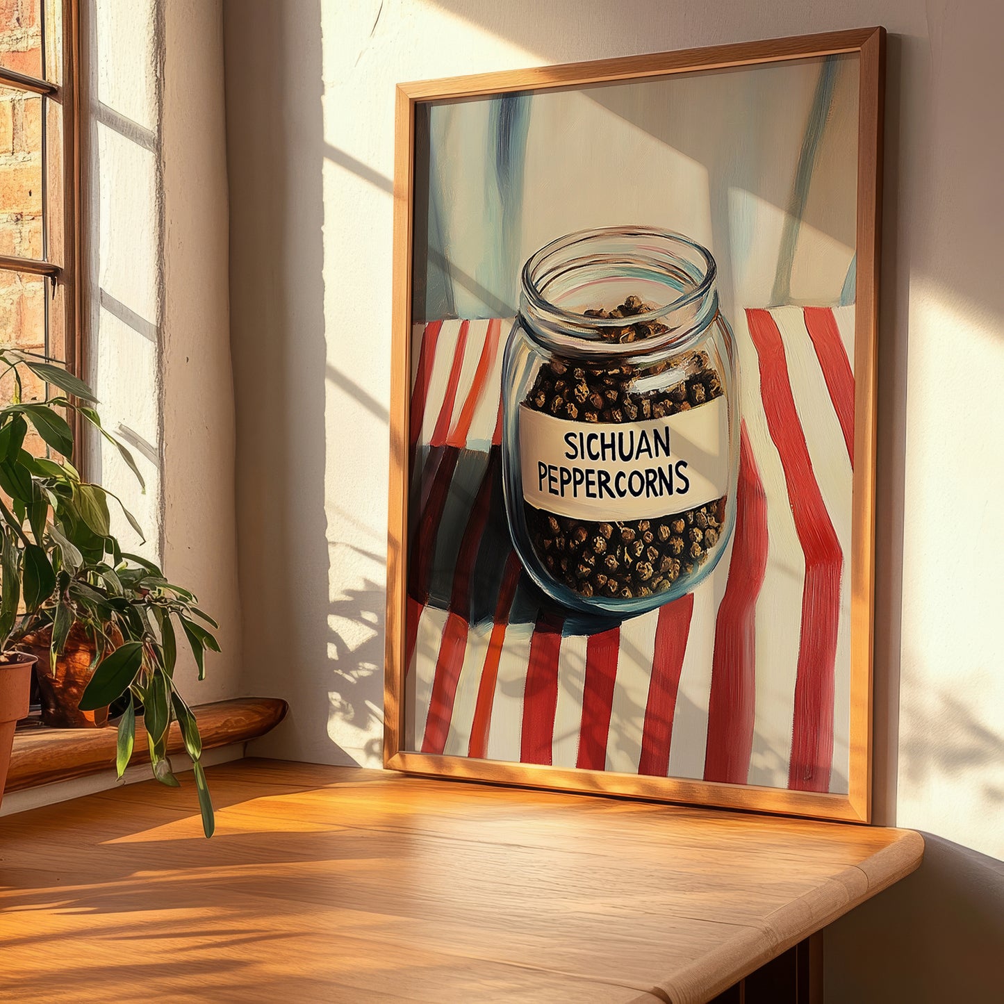 Sichuan Peppercorns – on Striped Tablecloth, Spices Wall Art, clean layout with no caption