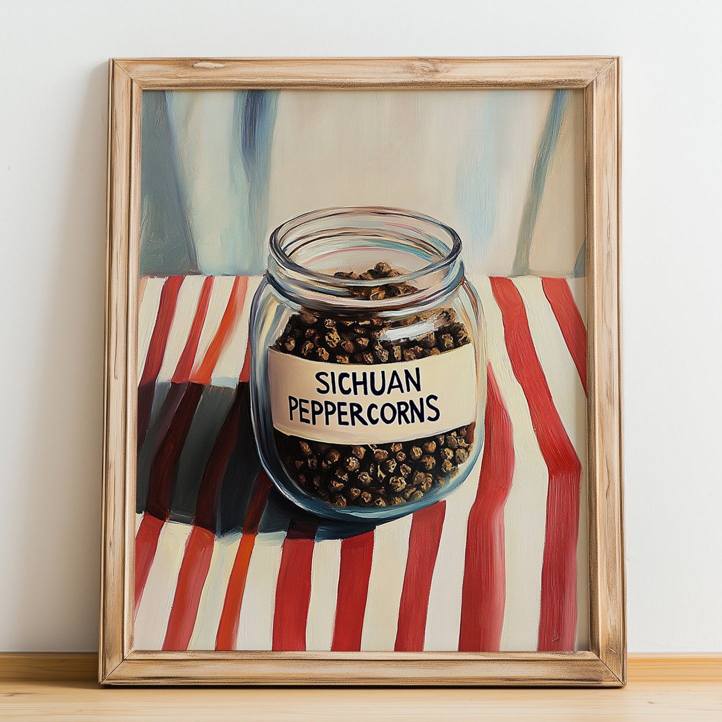 Sichuan Peppercorns – on Striped Tablecloth, Spices Wall Art, no-text version framed in wood