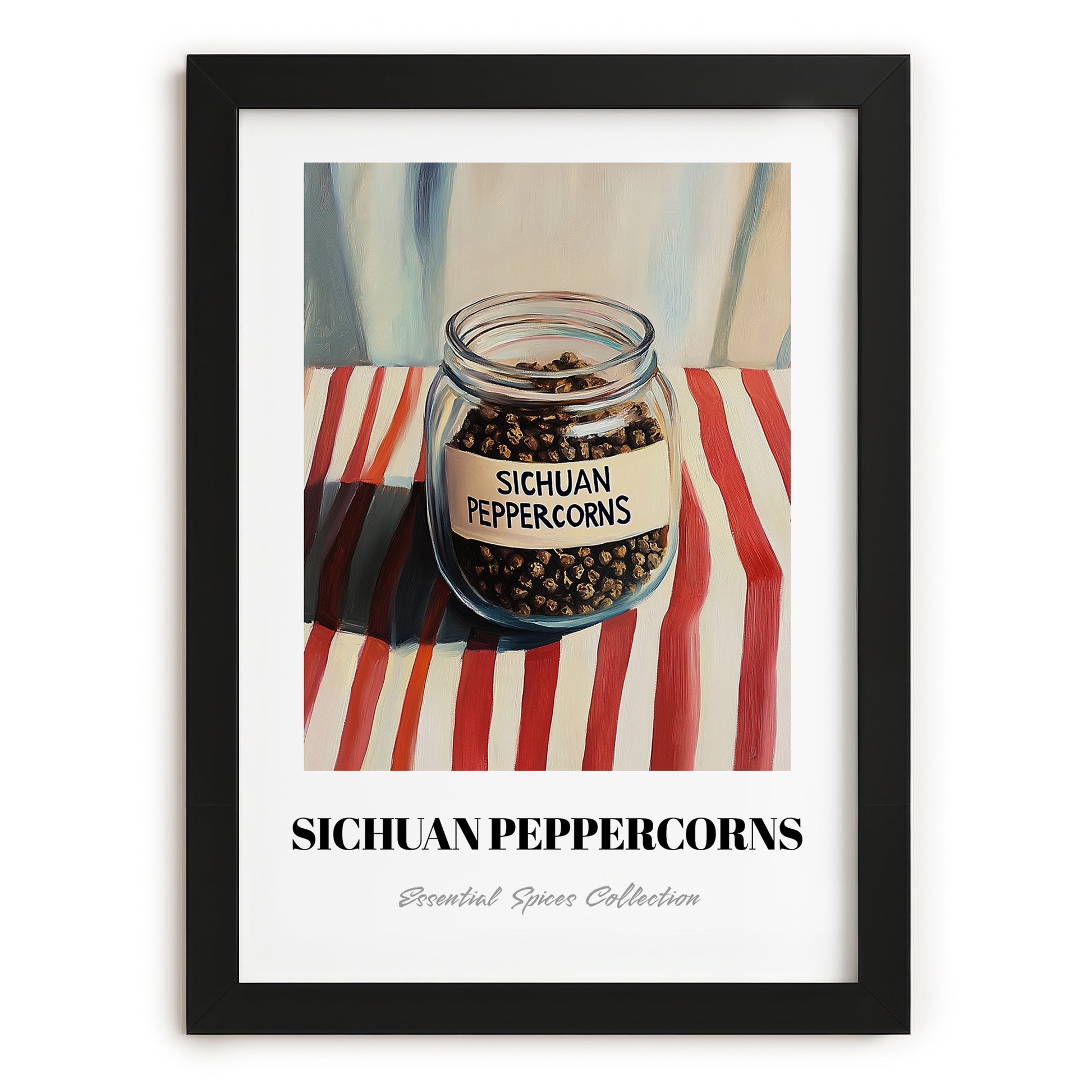 Sichuan Peppercorns – on Striped Tablecloth, Spices Wall Art, in sleek black frame